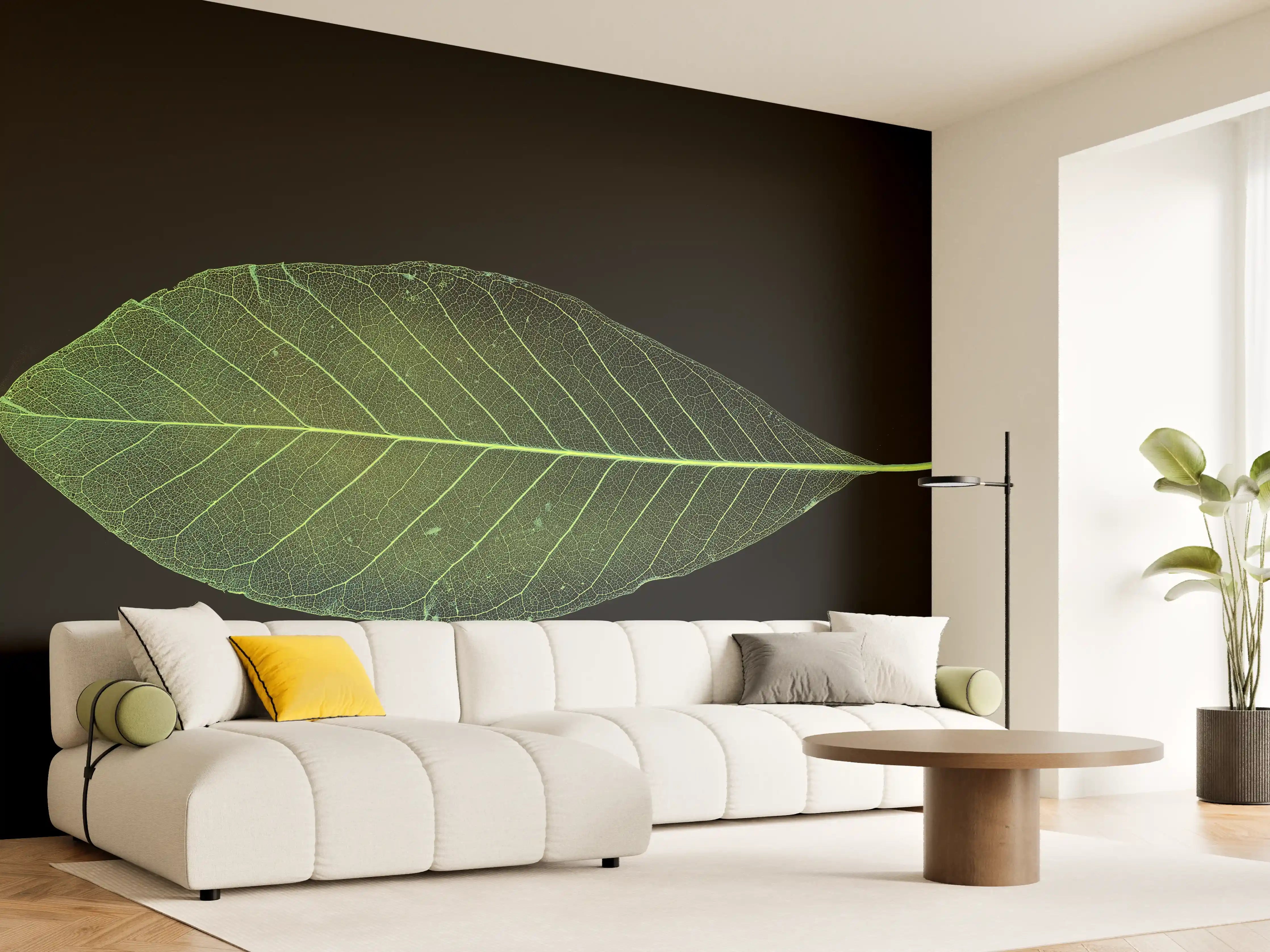 Wandverkleidung Wohnzimmer - Elegante grüne Blattform auf schwarzem Hintergrund