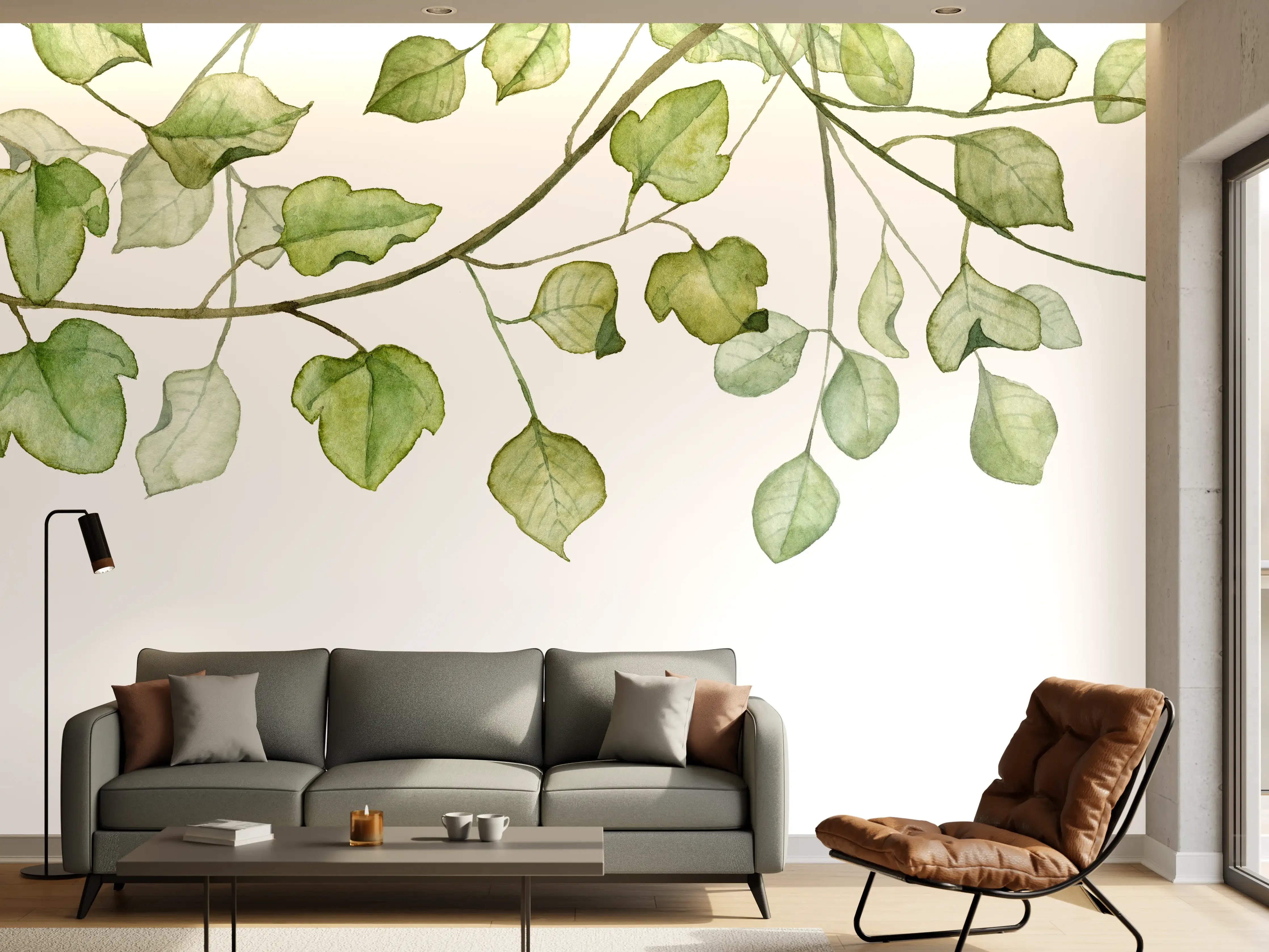 Wandverkleidung Wohnzimmer - Elegante grüne Weideblätter Dekoration