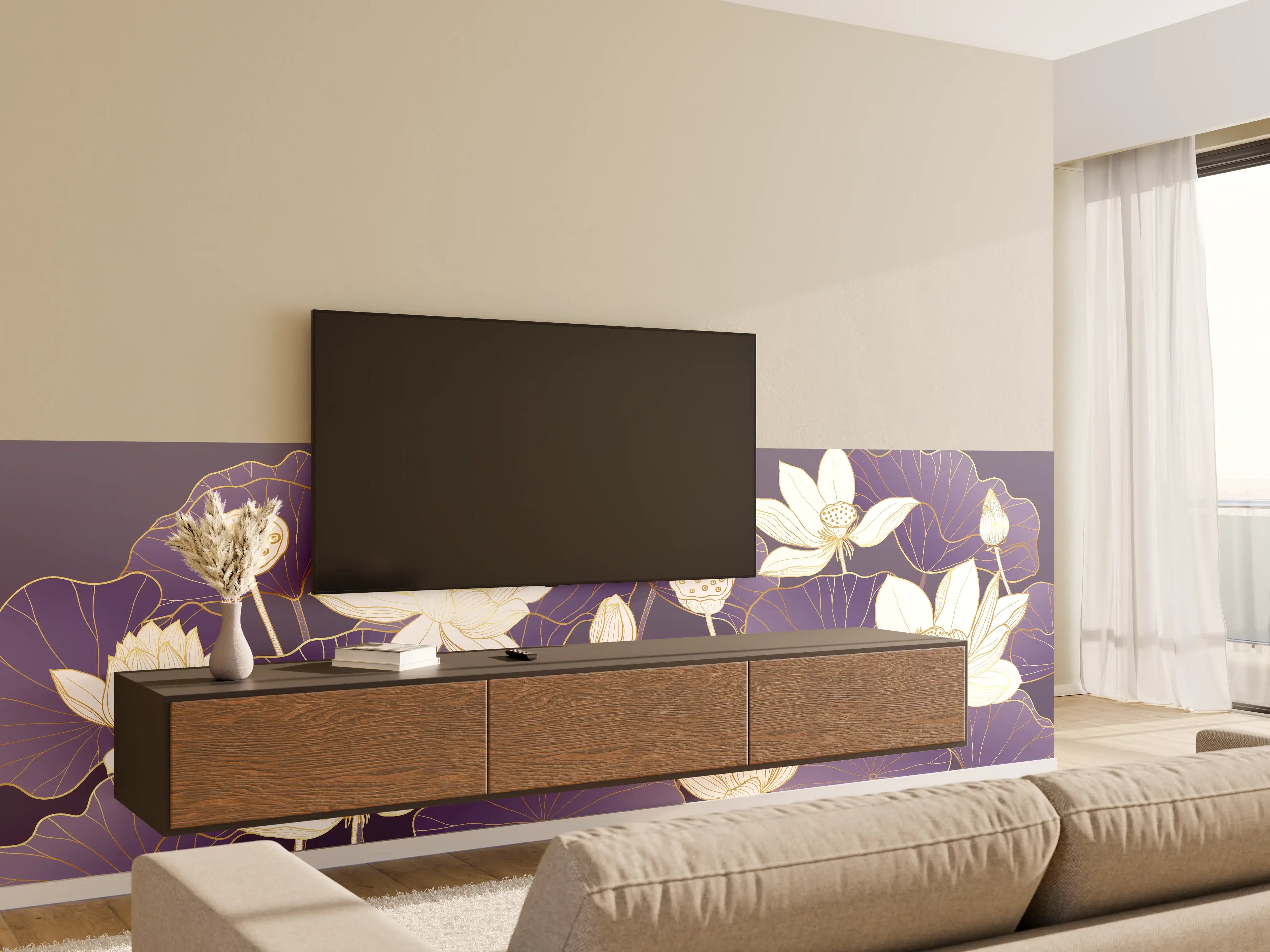 Wandverkleidung Wohnzimmer - Elegante lotusblumen auf violettem Hintergrund