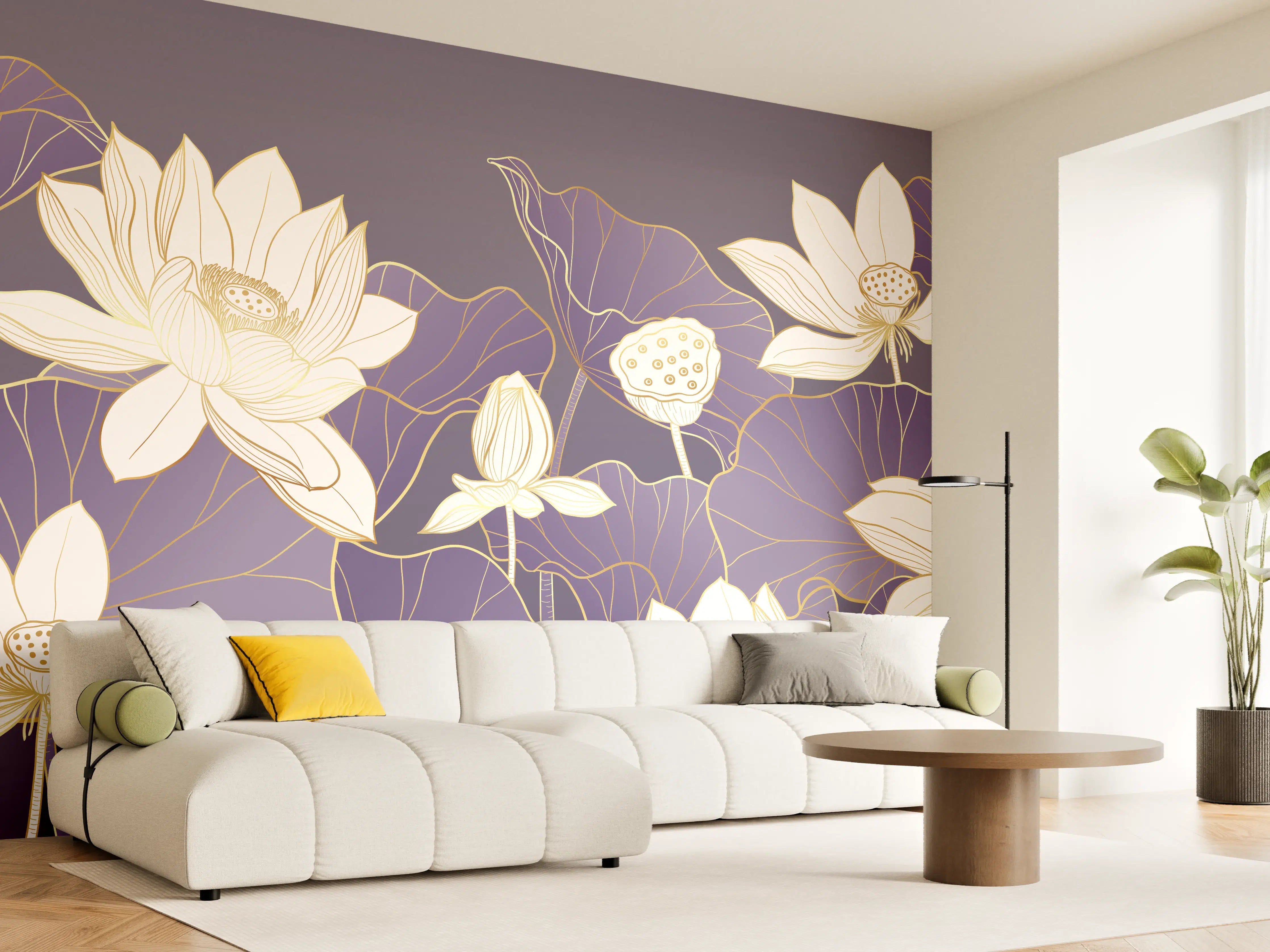 Wandverkleidung Wohnzimmer - Elegante lotusblumen auf violettem Hintergrund