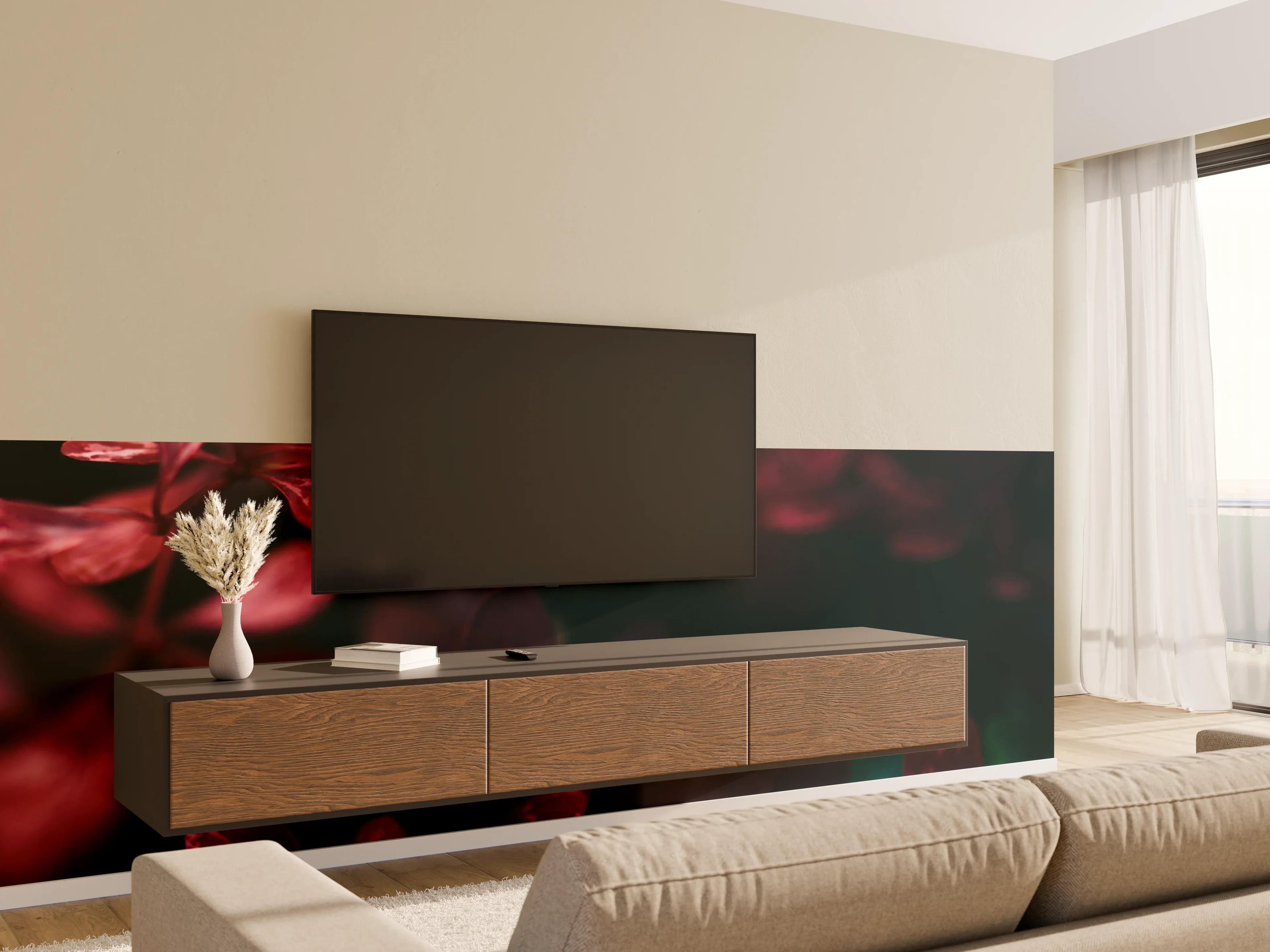 Wandverkleidung Wohnzimmer - Elegante rote Blätter in Nahaufnahme