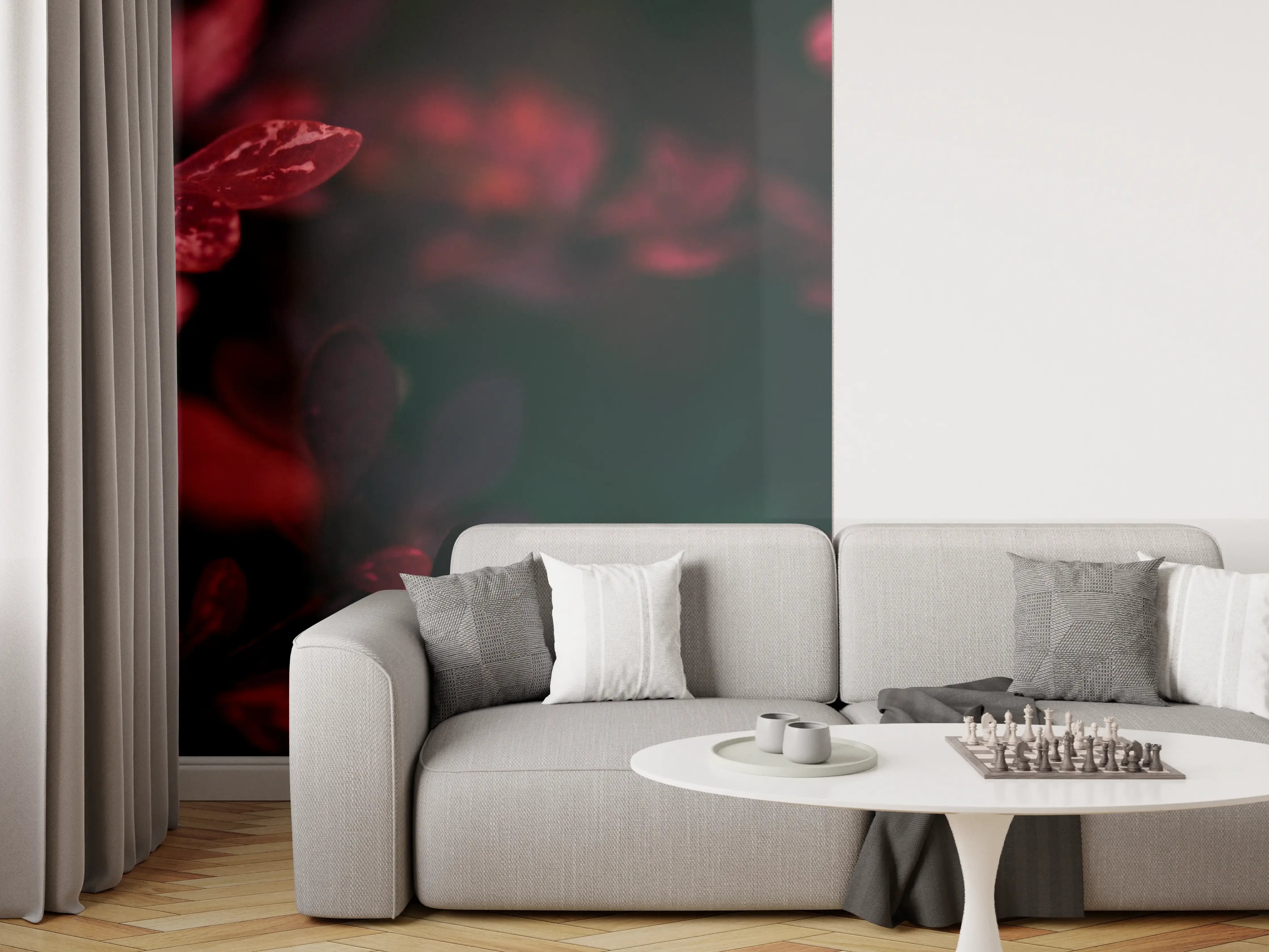 Wandverkleidung Wohnzimmer - Elegante rote Blätter in Nahaufnahme