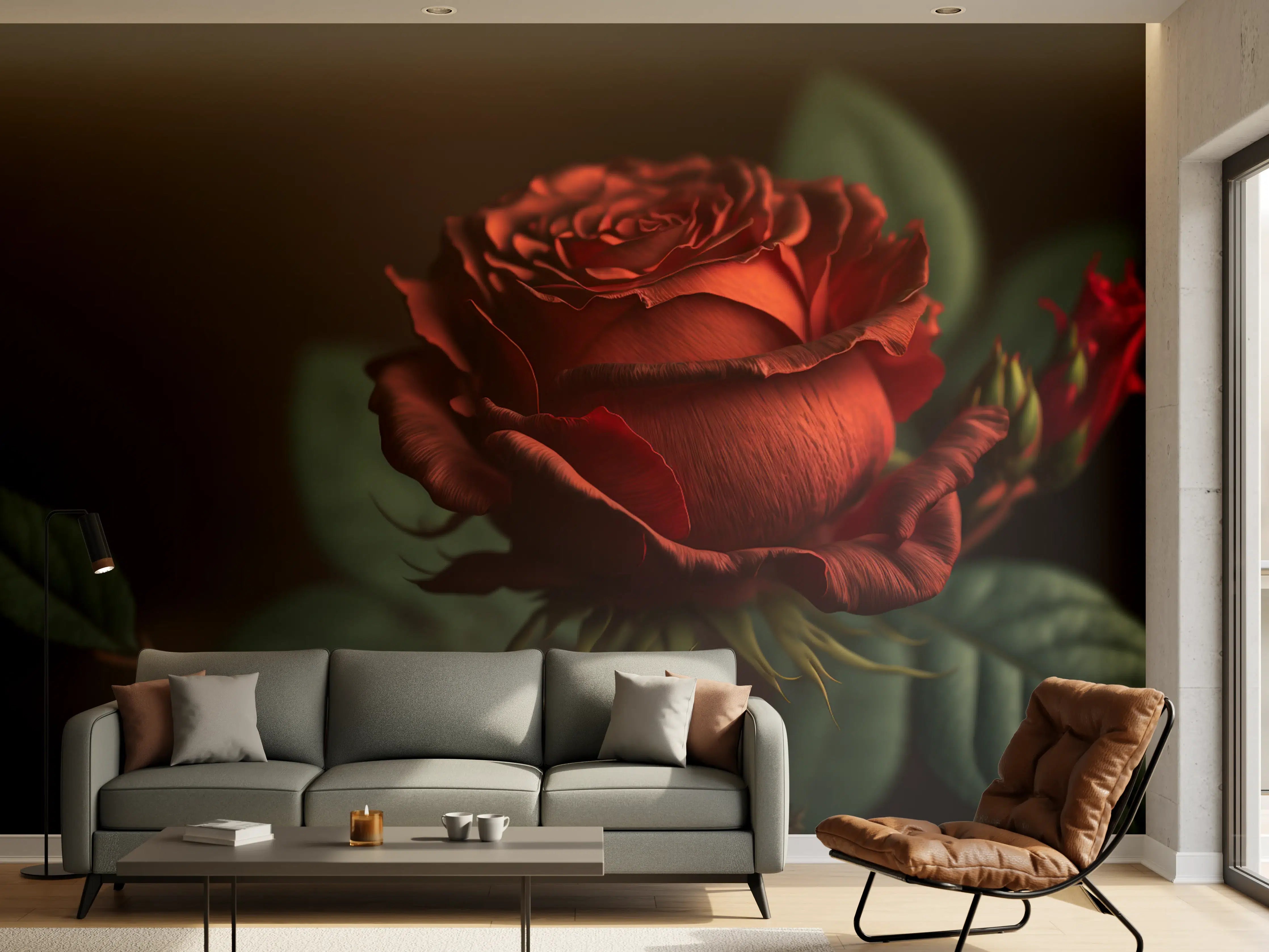Wandverkleidung Wohnzimmer - Elegante rote Rose im dunklen Hintergrund