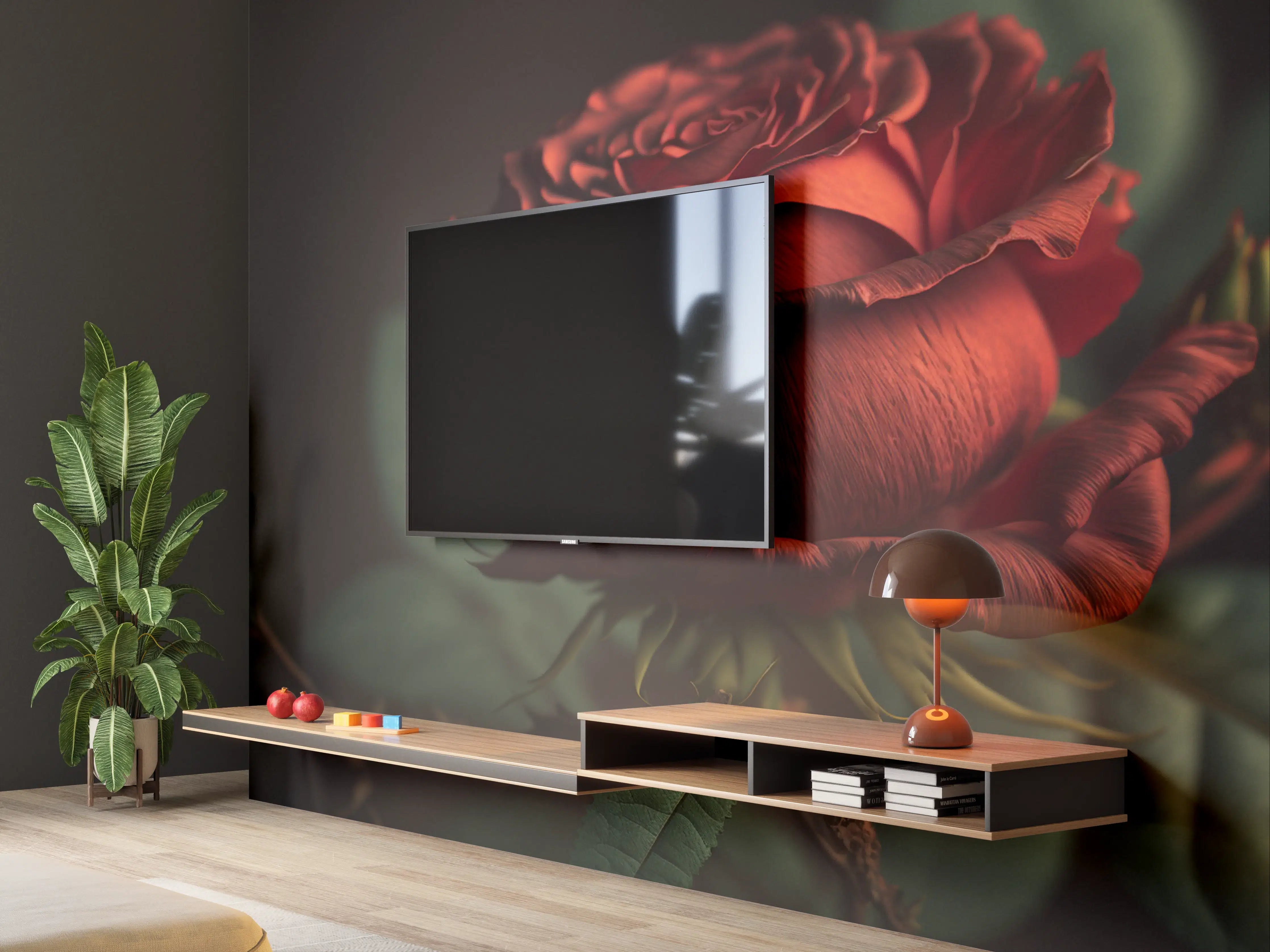 Wandverkleidung Wohnzimmer - Elegante rote Rose im dunklen Hintergrund