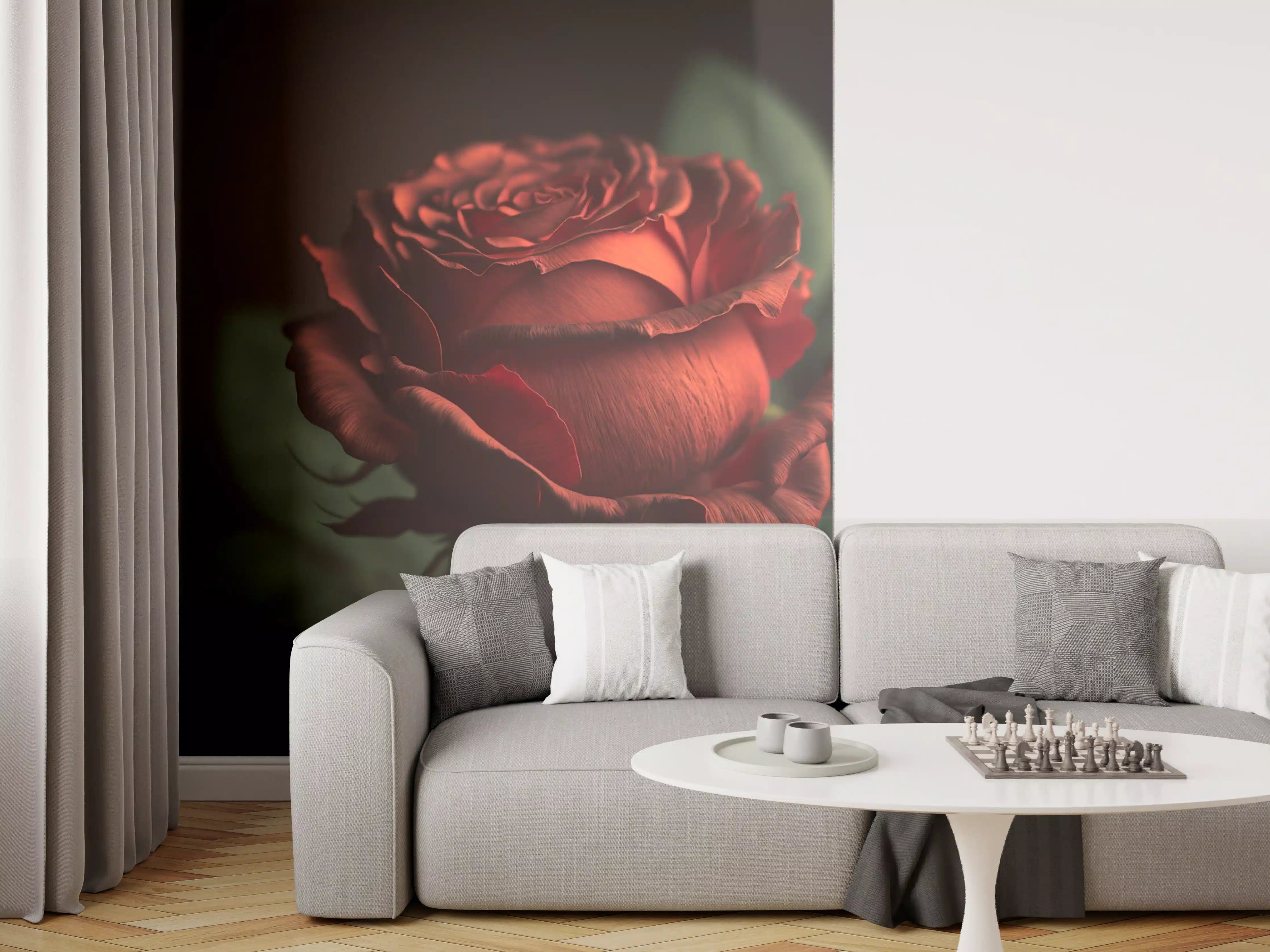 Wandverkleidung Wohnzimmer - Elegante rote Rose im dunklen Hintergrund