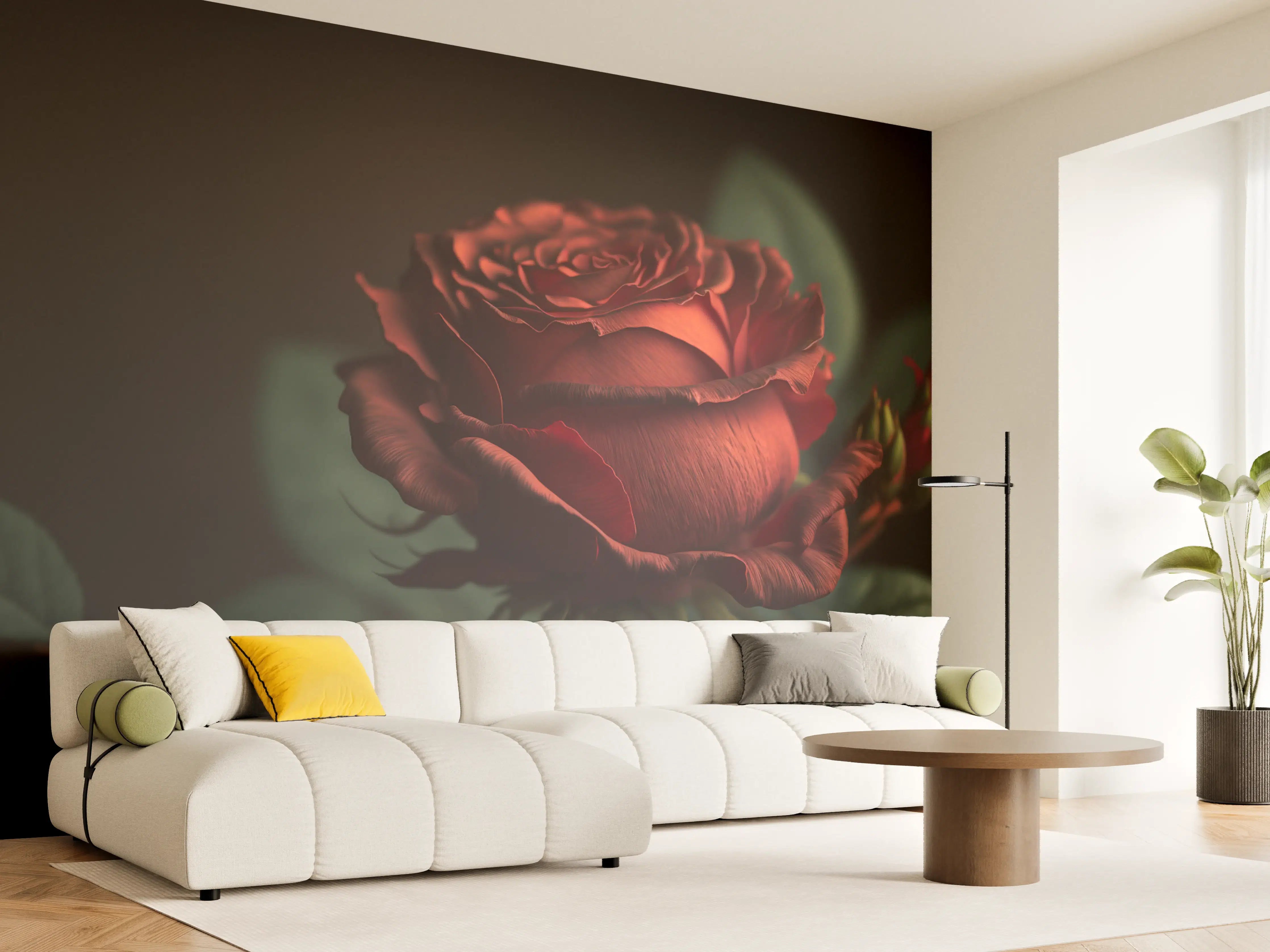 Wandverkleidung Wohnzimmer - Elegante rote Rose im dunklen Hintergrund