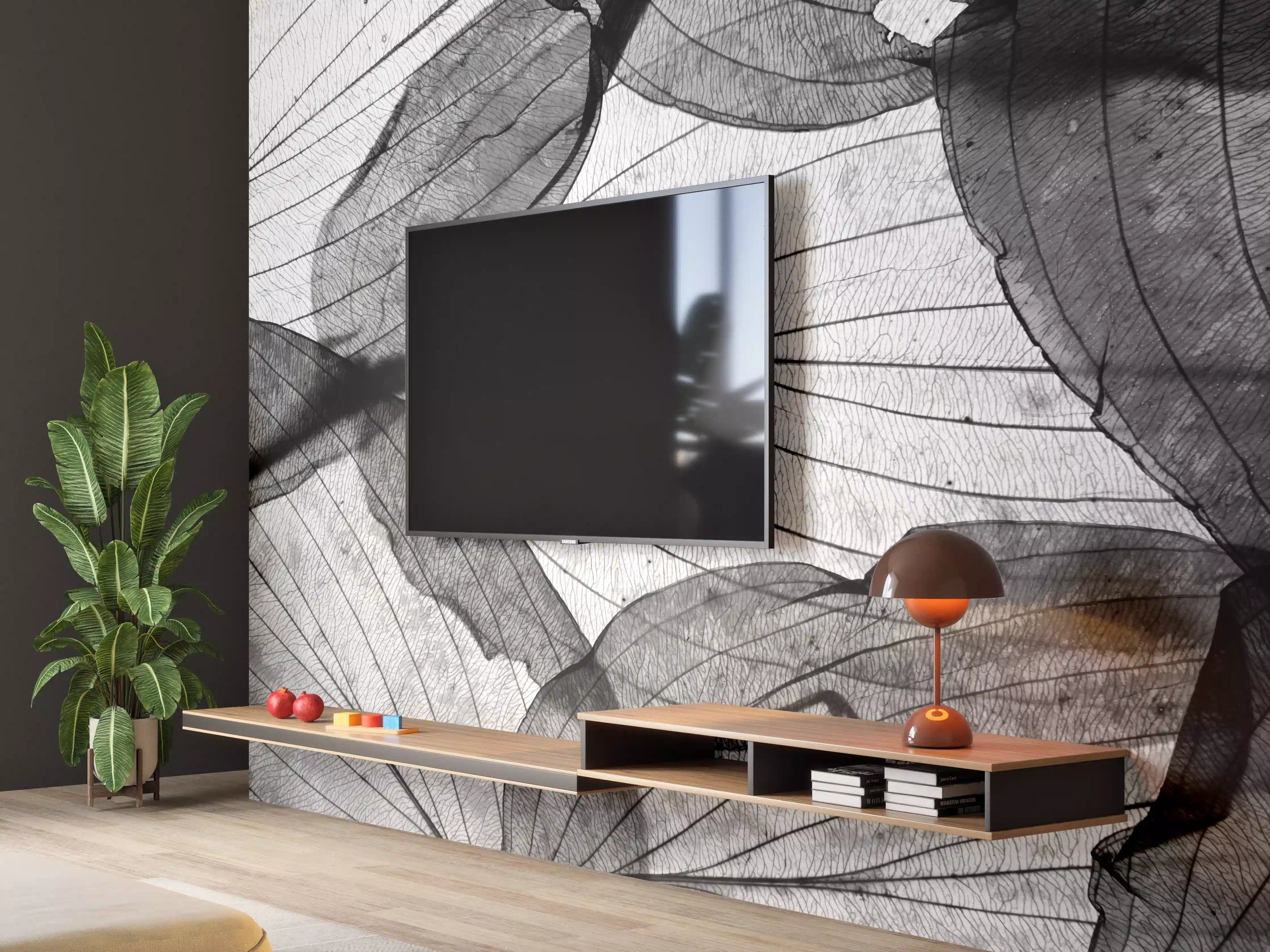 Wandverkleidung Wohnzimmer - Elegante schwarze Blätter in Schwarzweiß