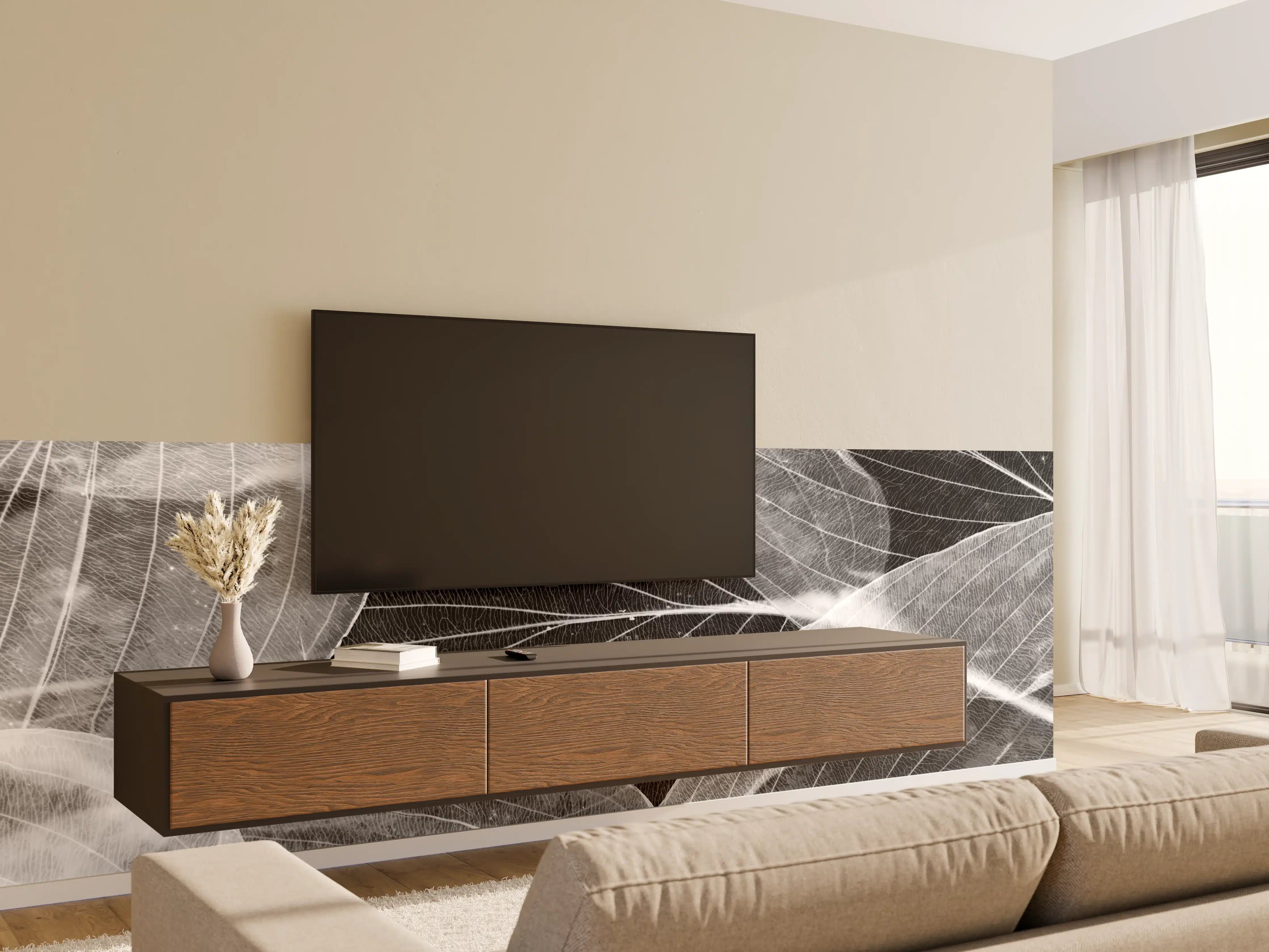 Wandverkleidung Wohnzimmer - Elegante schwarze Blätter mit feinen Linien