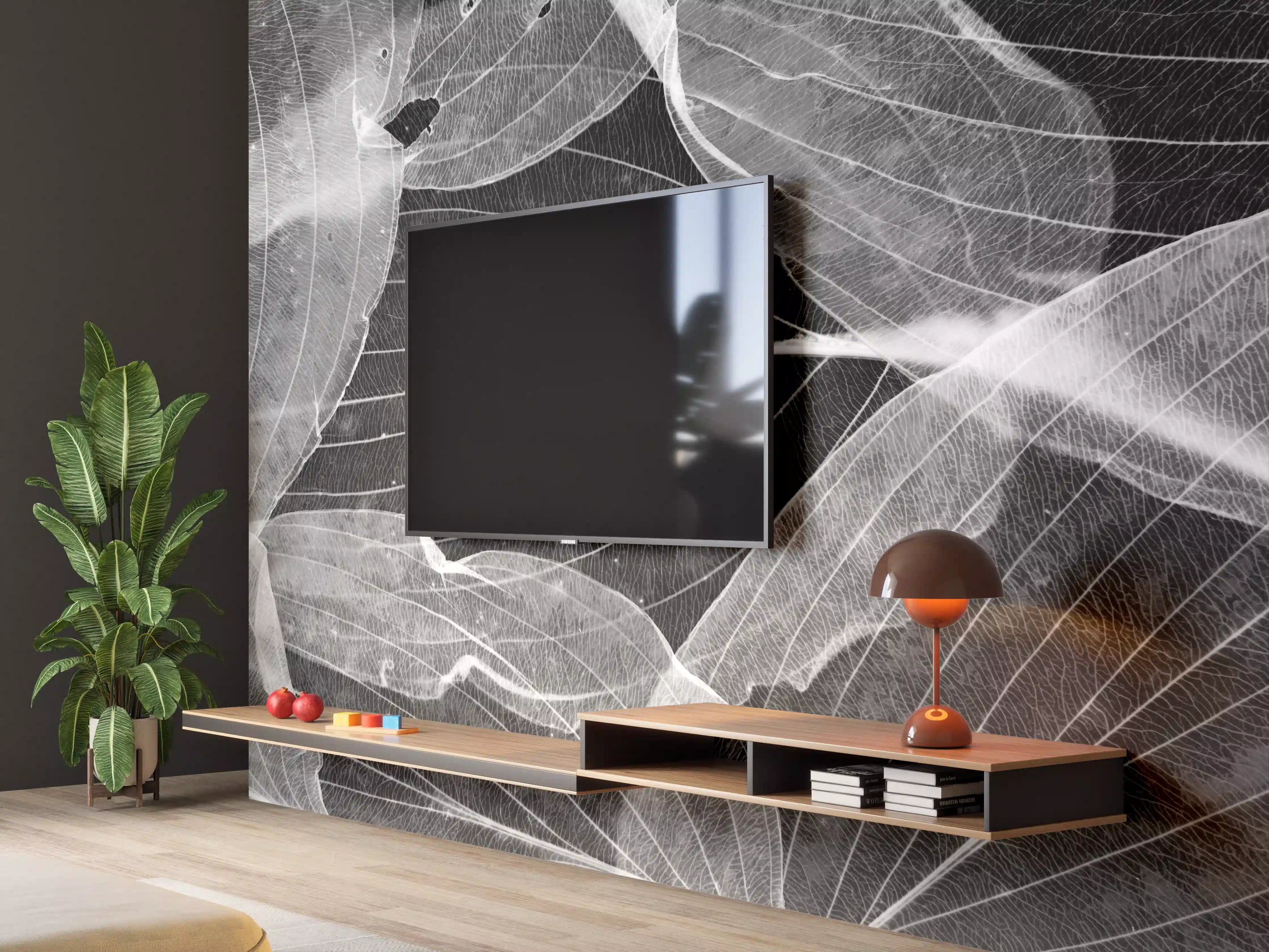 Wandverkleidung Wohnzimmer - Elegante schwarze Blätter mit feinen Linien