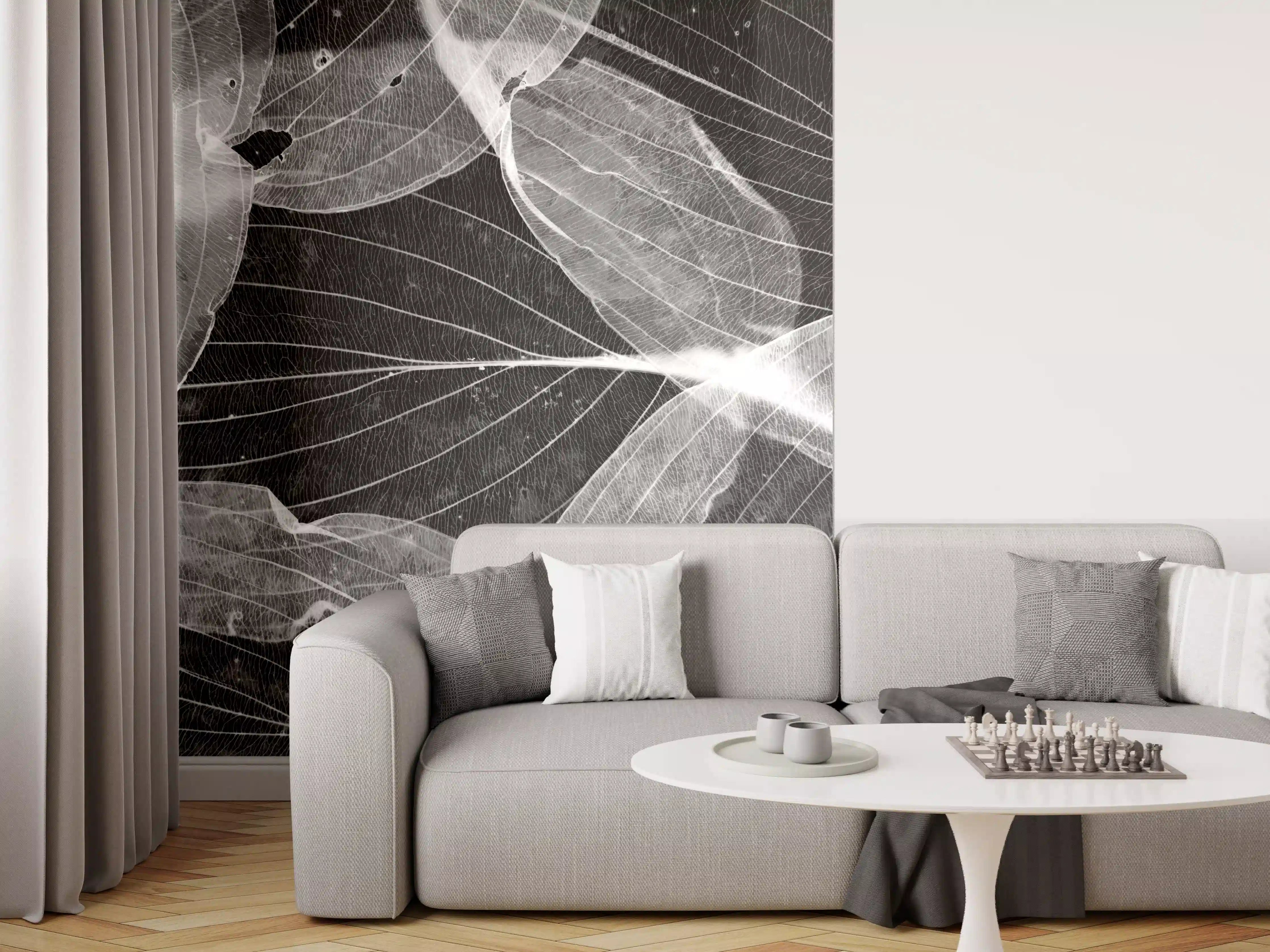 Wandverkleidung Wohnzimmer - Elegante schwarze Blätter mit feinen Linien
