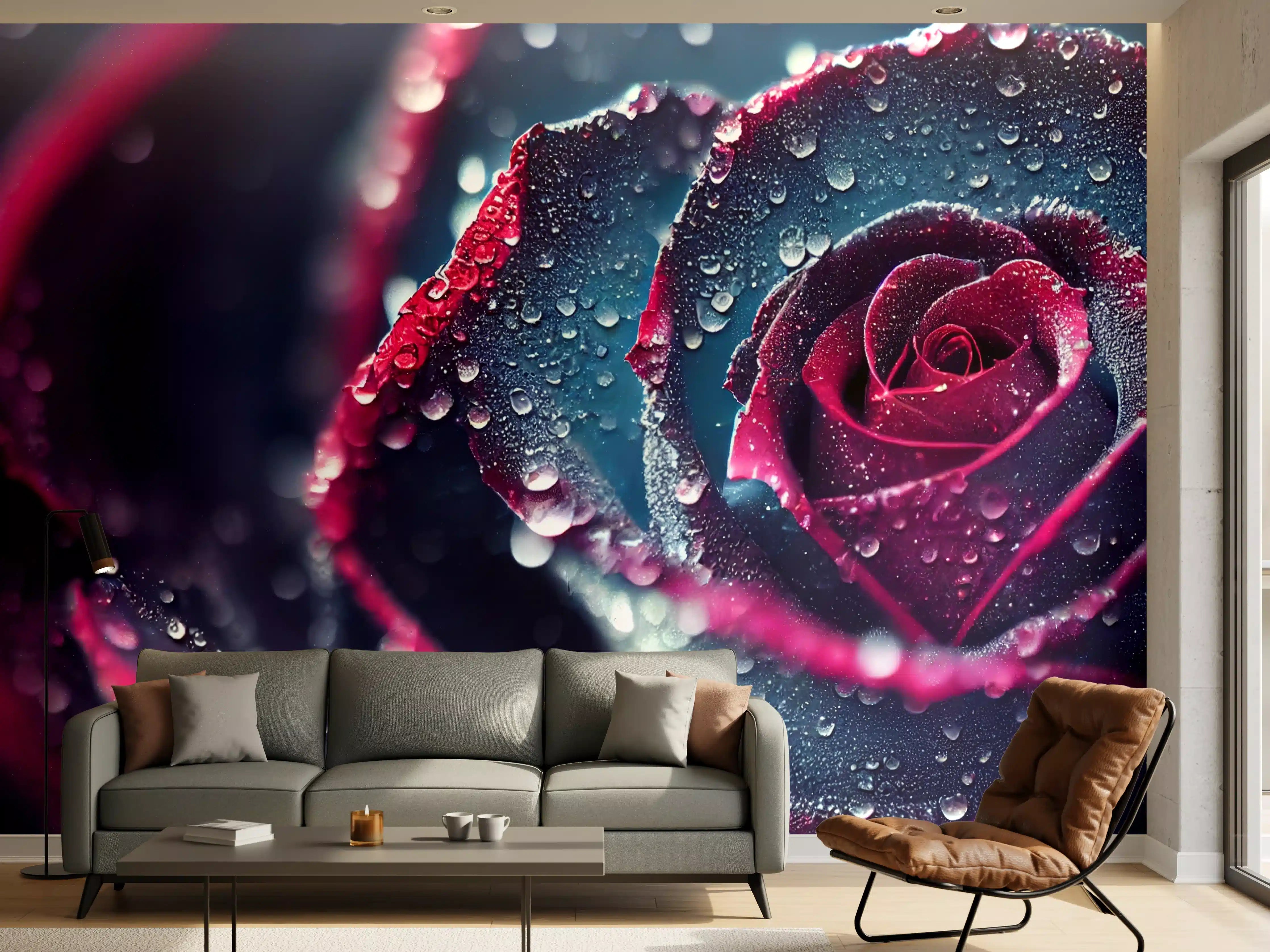 Wandverkleidung Wohnzimmer - Elegante schwarze Rose mit Tautropfen