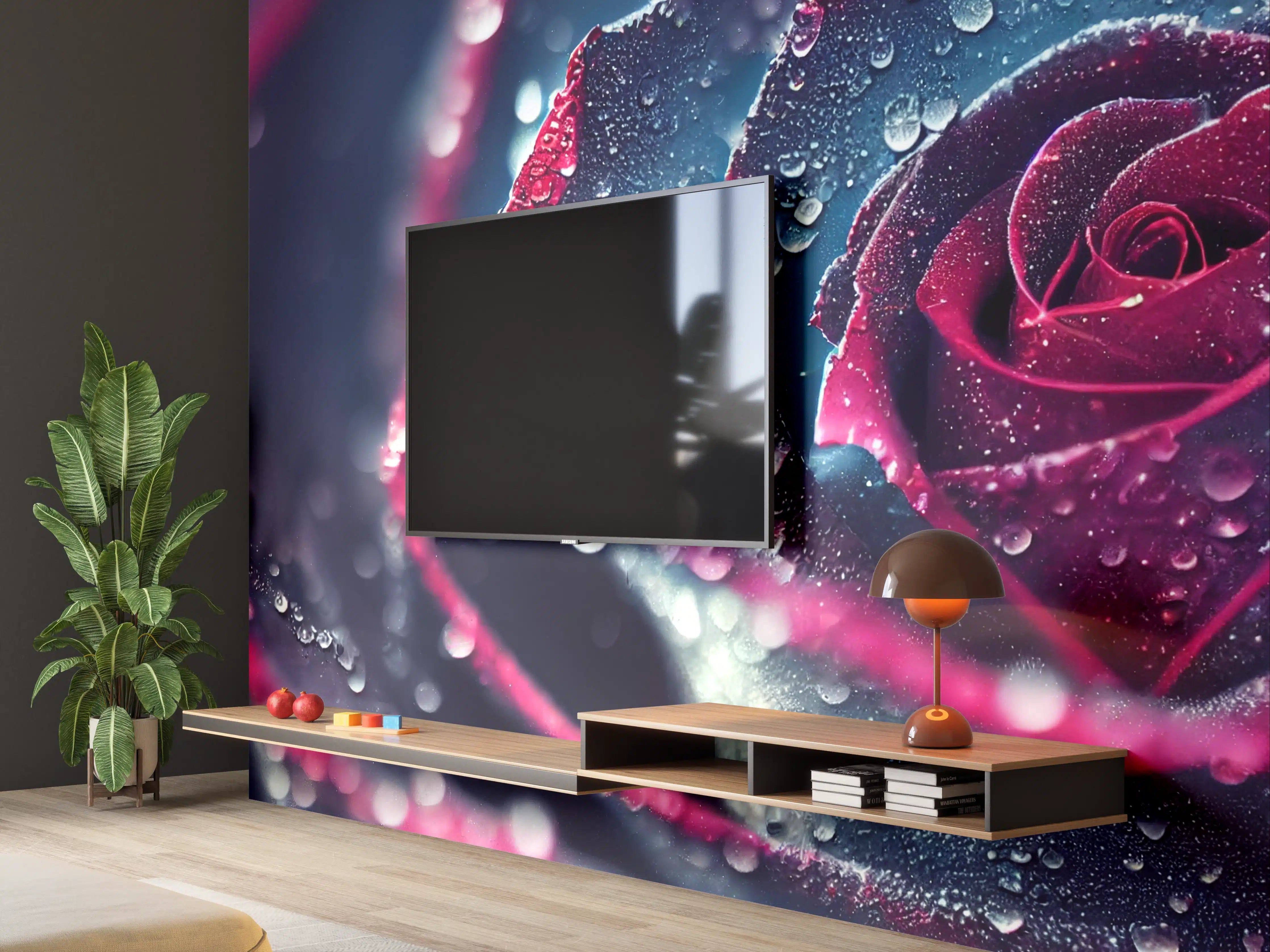 Wandverkleidung Wohnzimmer - Elegante schwarze Rose mit Tautropfen