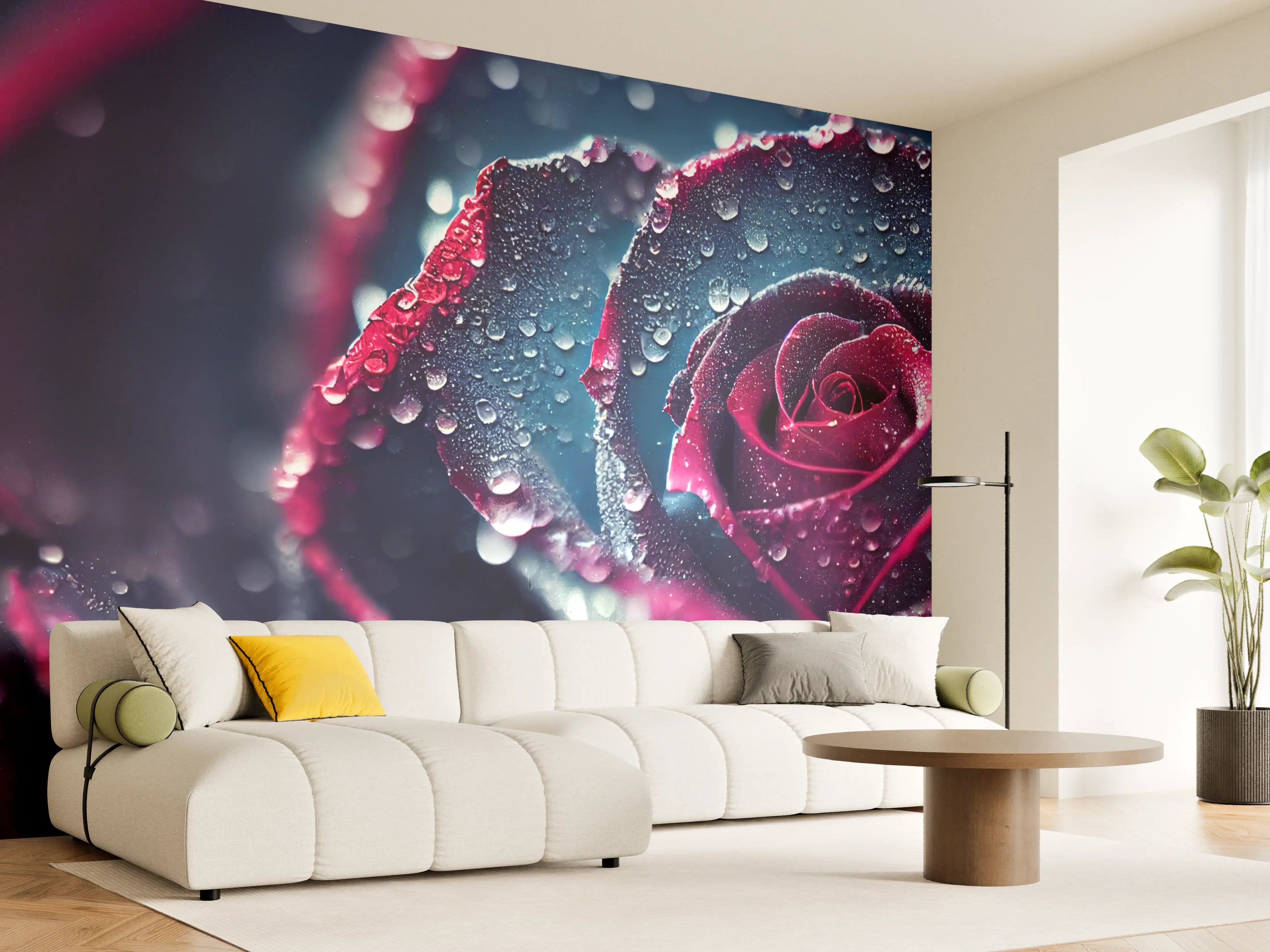 Wandverkleidung Wohnzimmer - Elegante schwarze Rose mit Tautropfen
