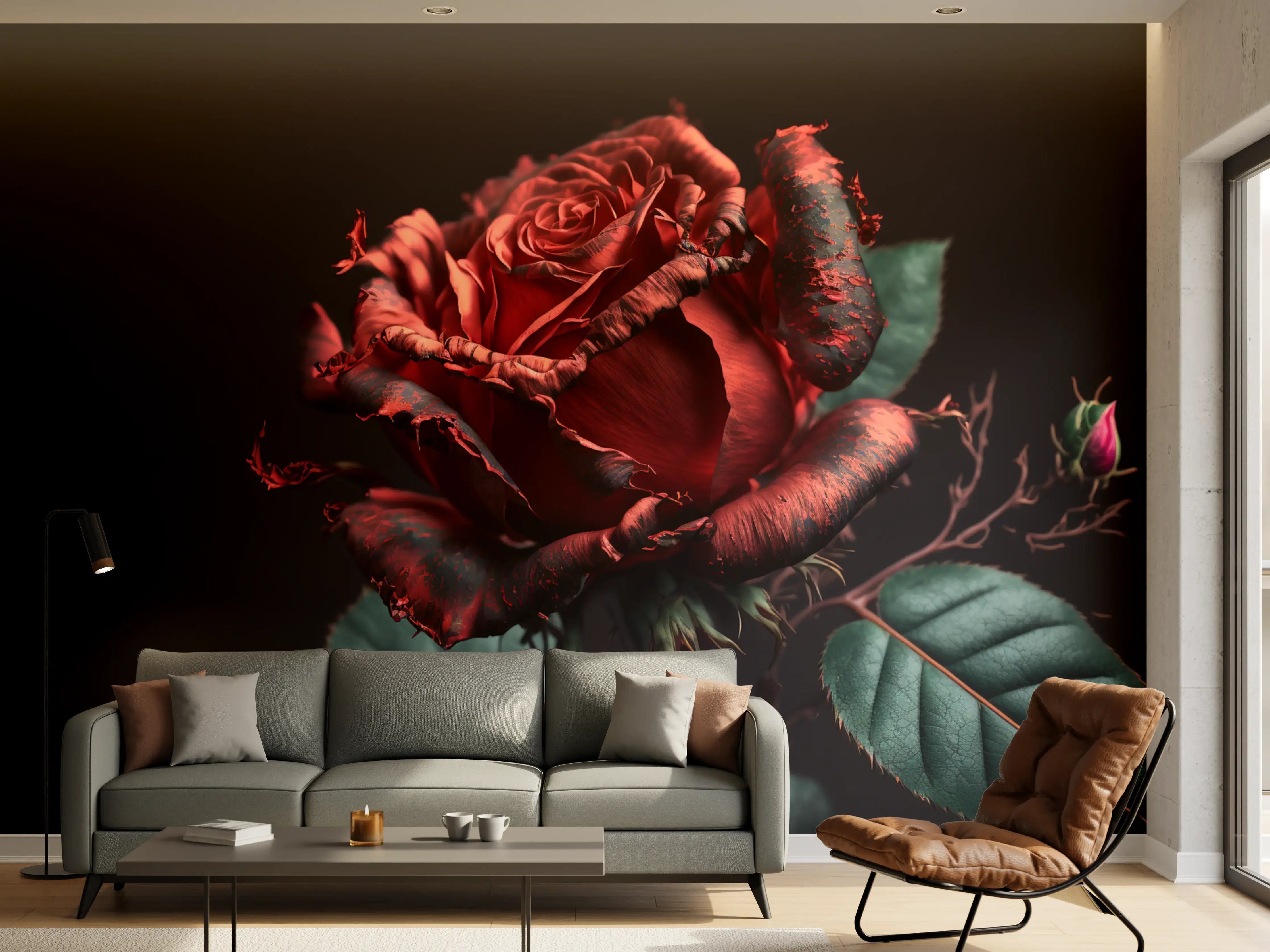 Wandverkleidung Wohnzimmer - Elegante schwarze Rose mit roten Akzenten