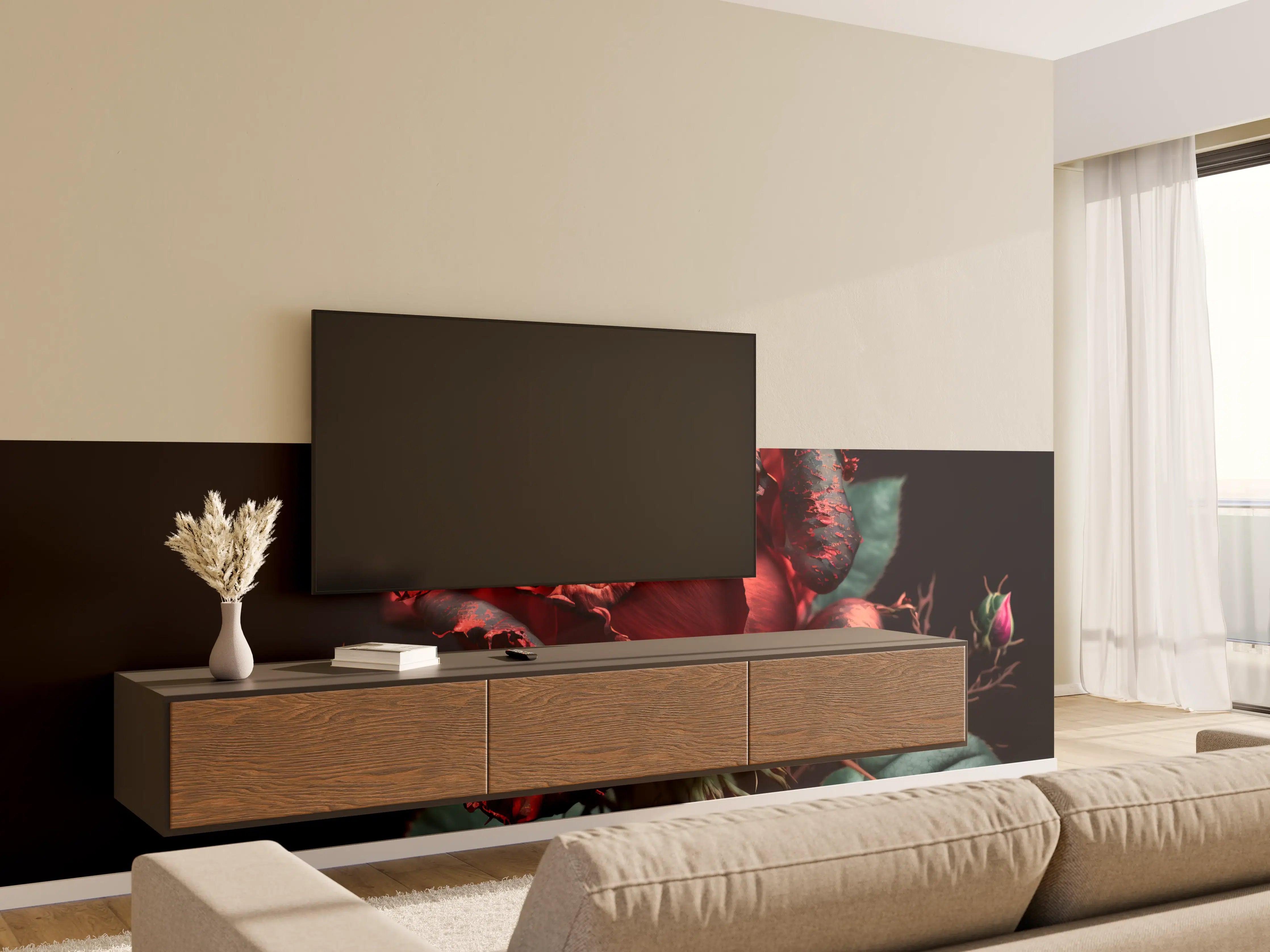 Wandverkleidung Wohnzimmer - Elegante schwarze Rose mit roten Akzenten