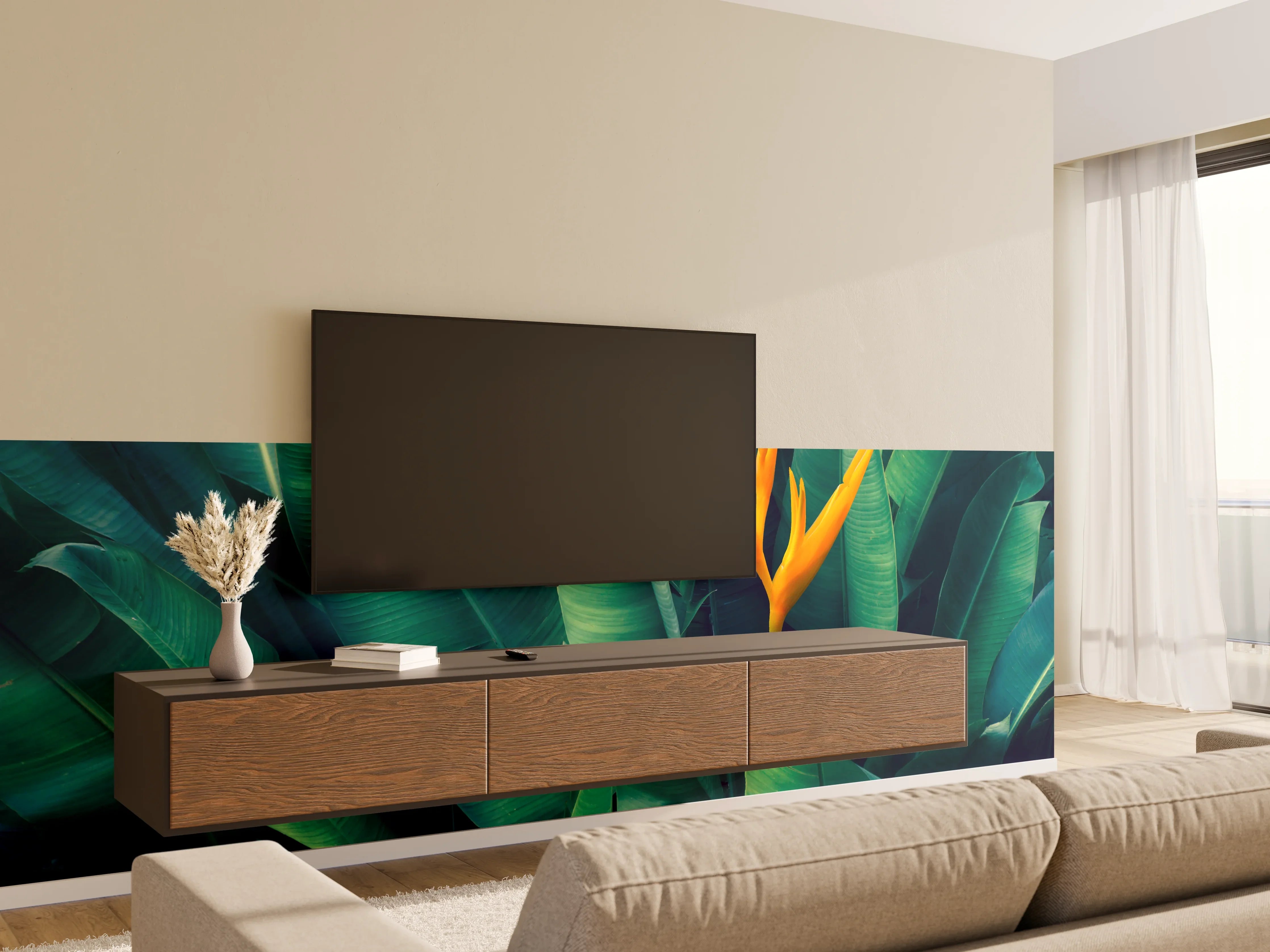 Wandverkleidung Wohnzimmer - Elegante tropische Pflanzenaufnahme