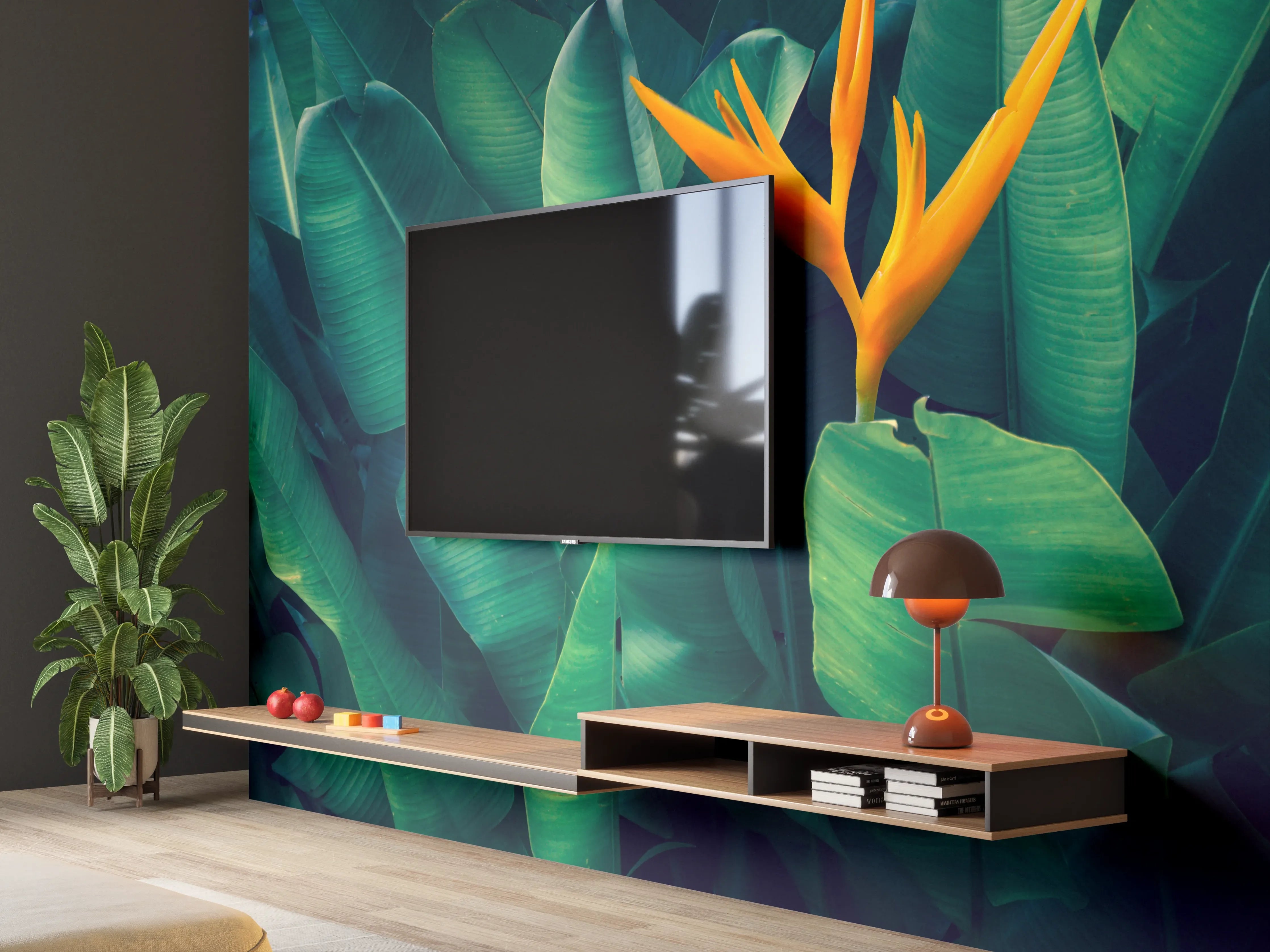 Wandverkleidung Wohnzimmer - Elegante tropische Pflanzenaufnahme