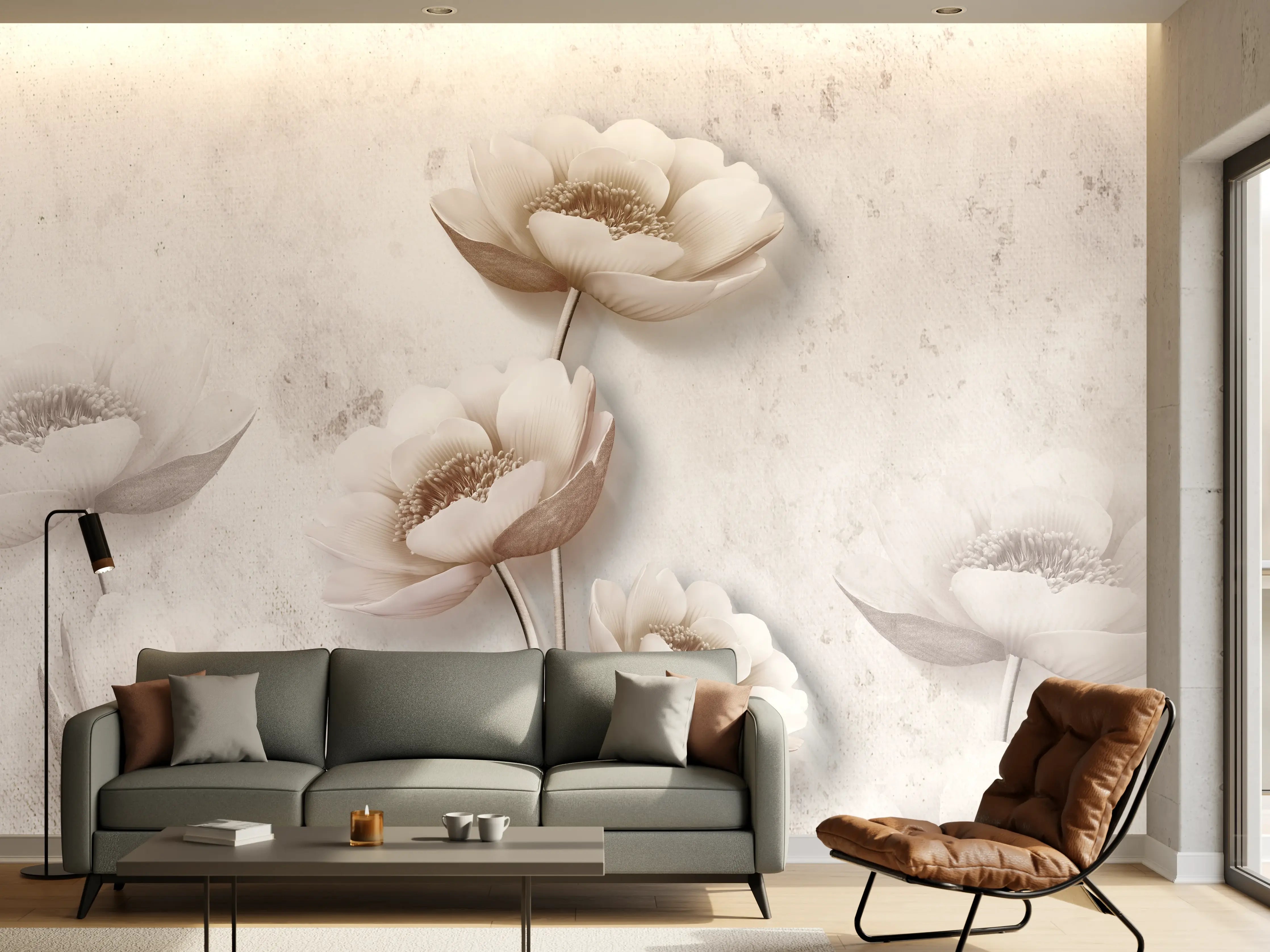 Wandverkleidung Wohnzimmer - Elegante weiße Blumen Wanddekoration