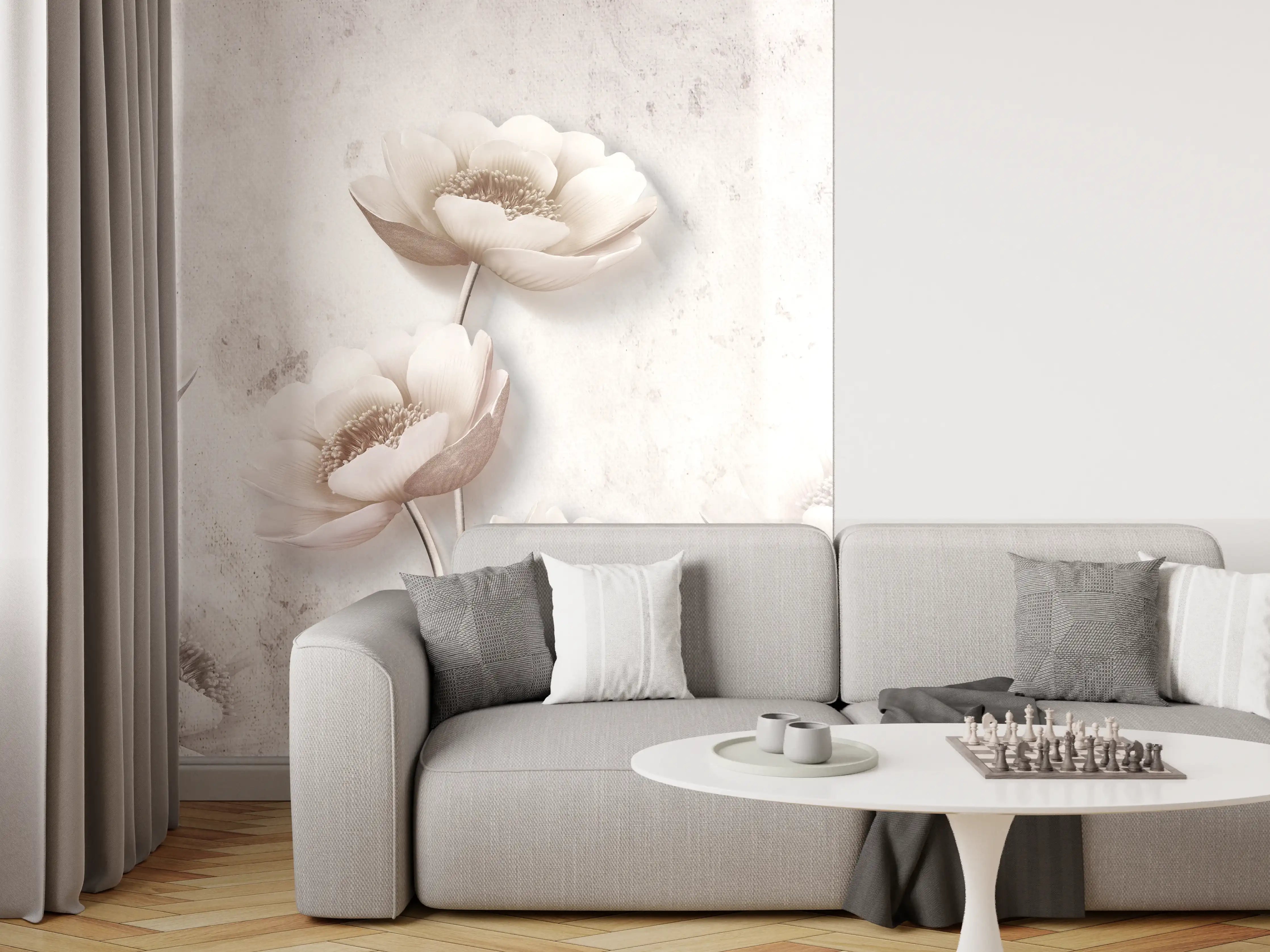 Wandverkleidung Wohnzimmer - Elegante weiße Blumen Wanddekoration