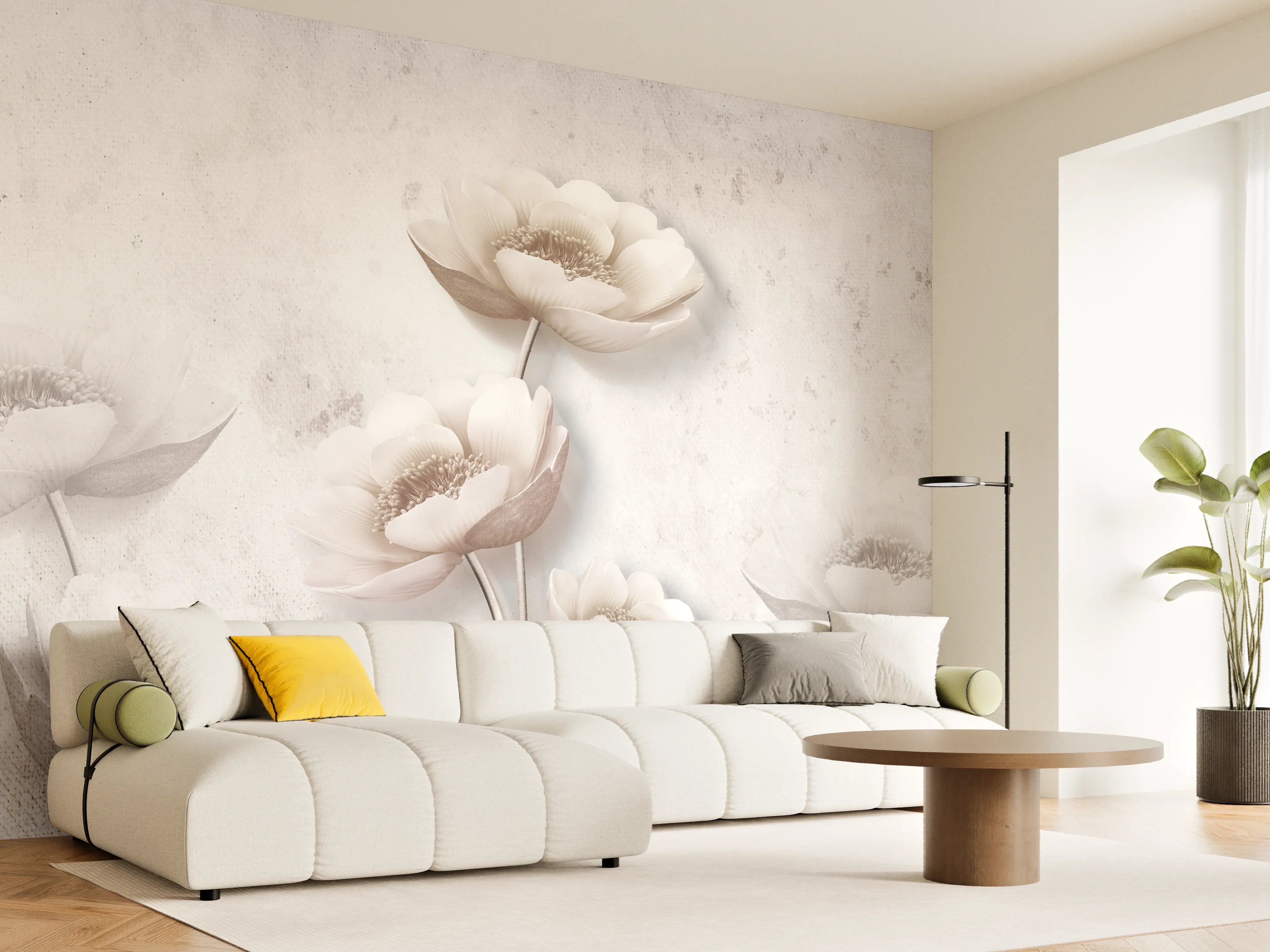 Wandverkleidung Wohnzimmer - Elegante weiße Blumen Wanddekoration