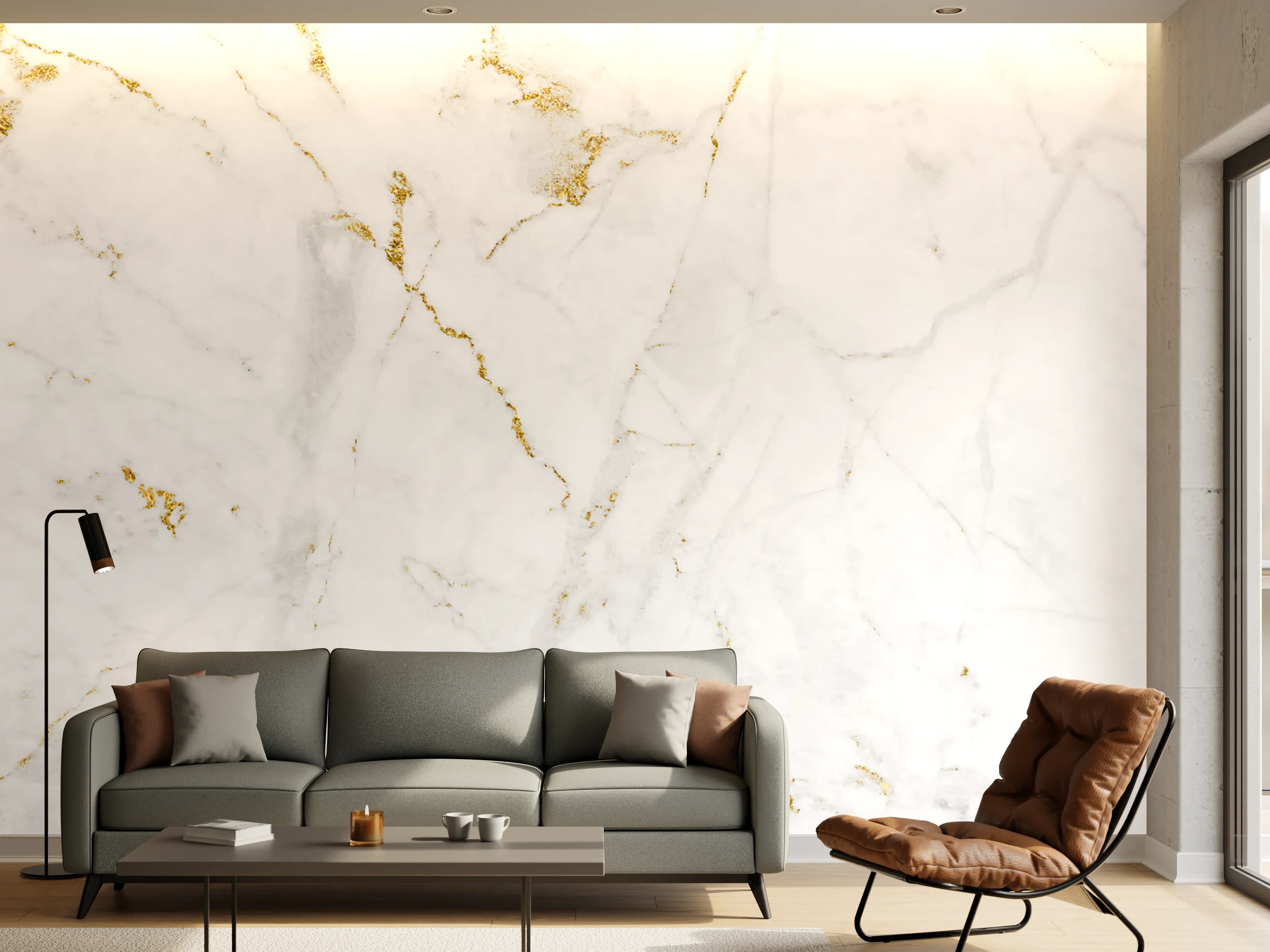 Wandverkleidung Wohnzimmer - Elegante weiße Marmoroptik mit goldenen Akzenten