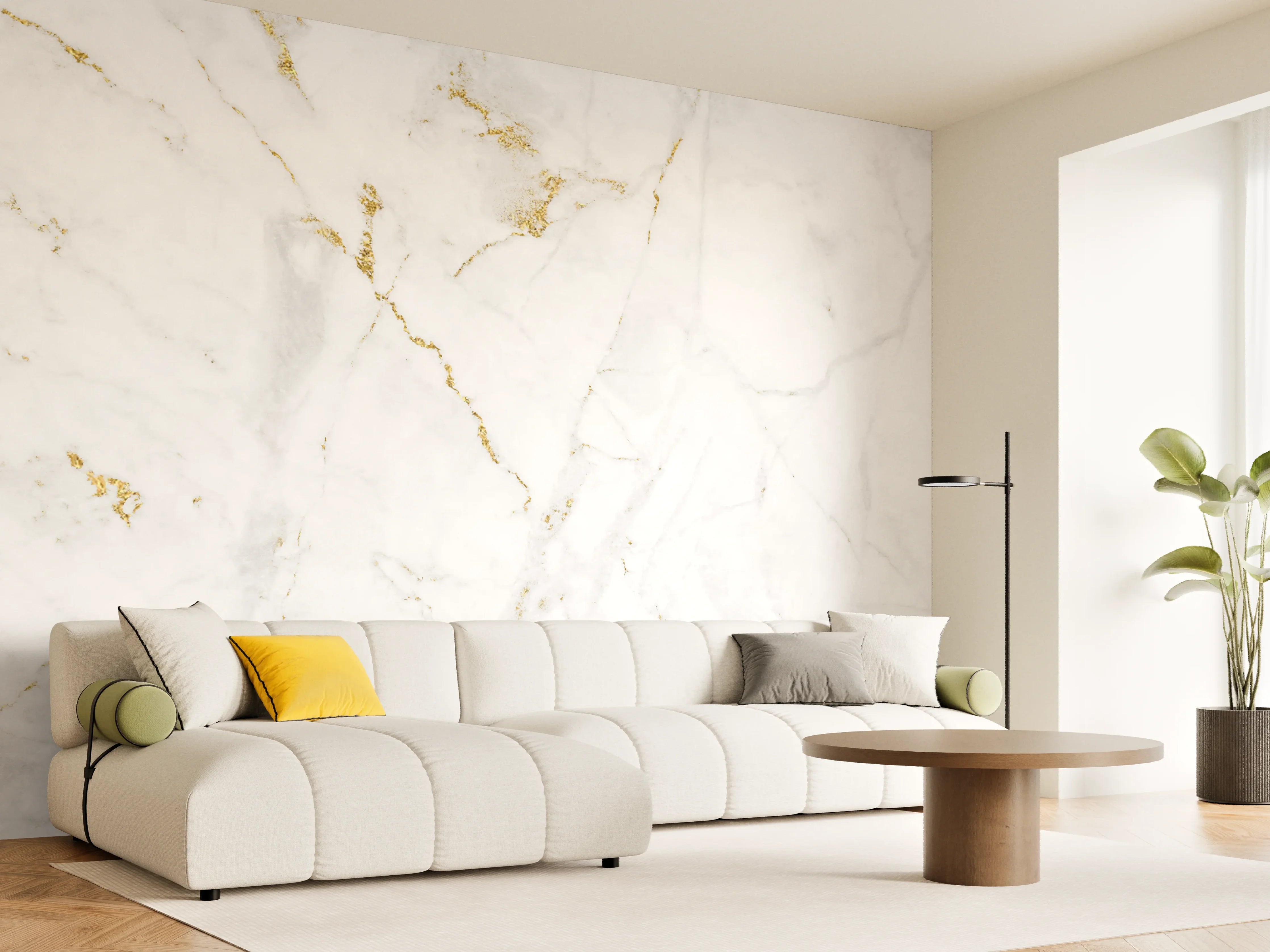 Wandverkleidung Wohnzimmer - Elegante weiße Marmoroptik mit goldenen Akzenten