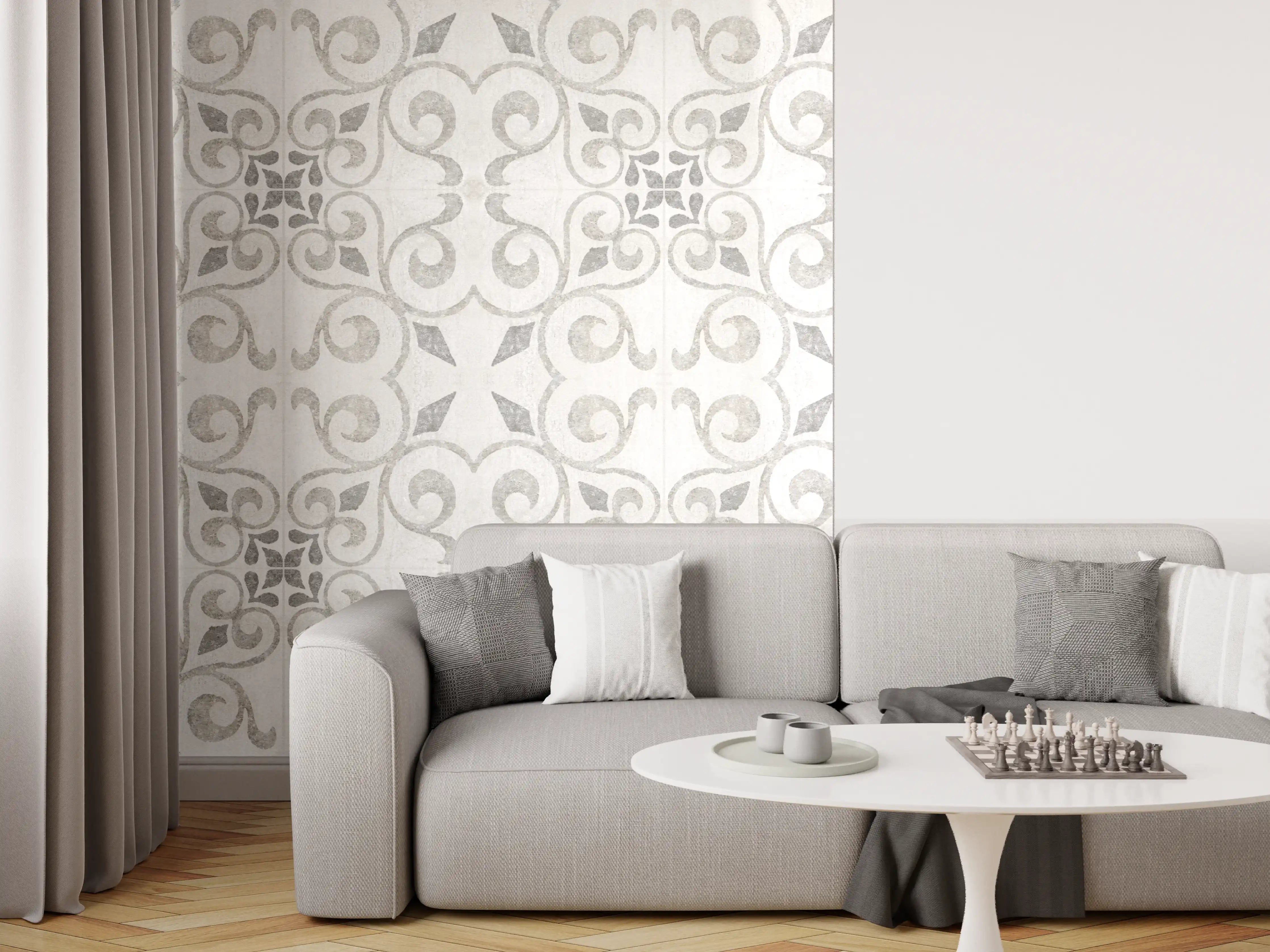 Wandverkleidung Wohnzimmer - Elegante weiße Vintage Fliesen