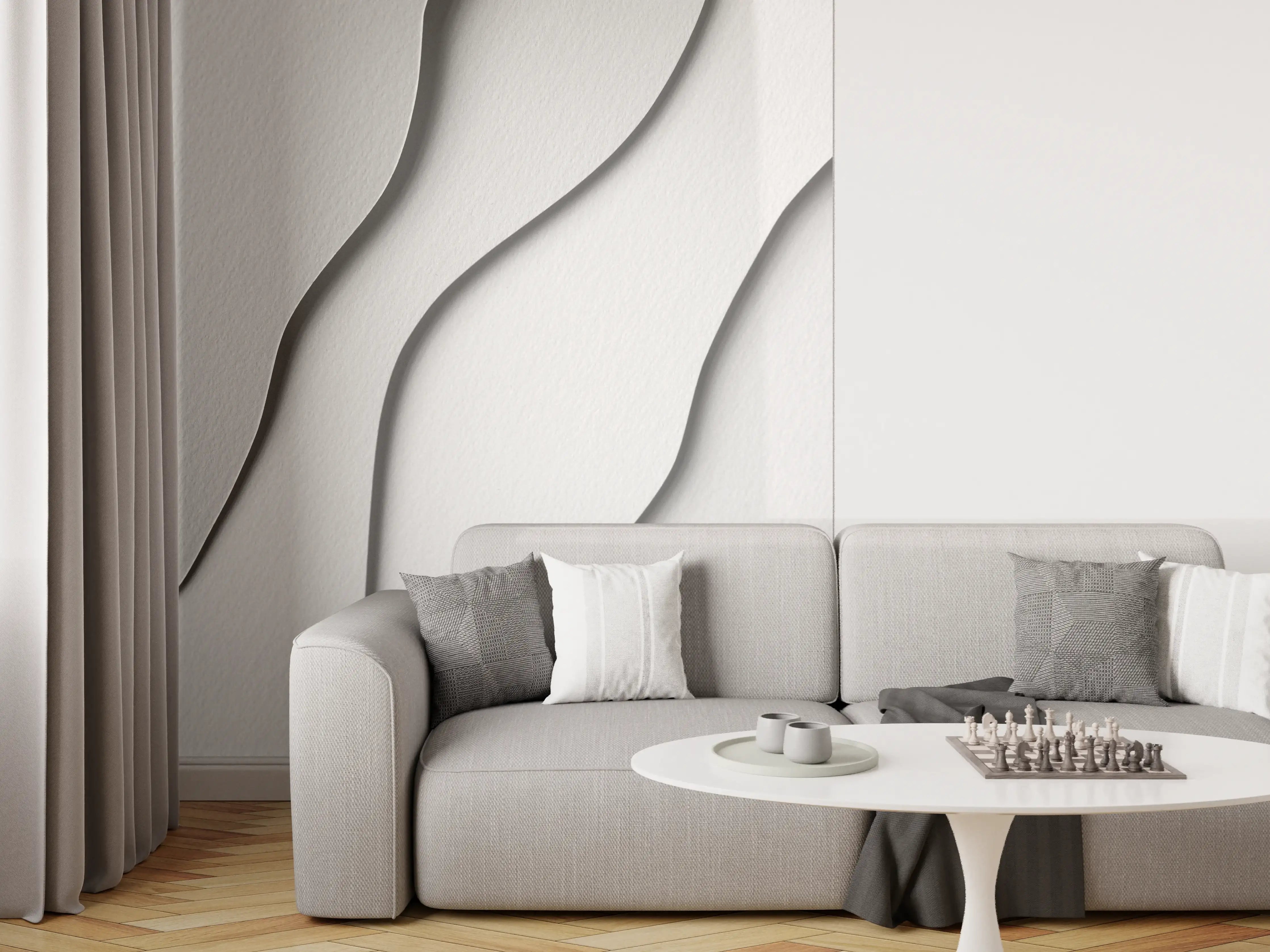 Wandverkleidung Wohnzimmer - Elegante weiße Wandgestaltung mit Wellenmuster