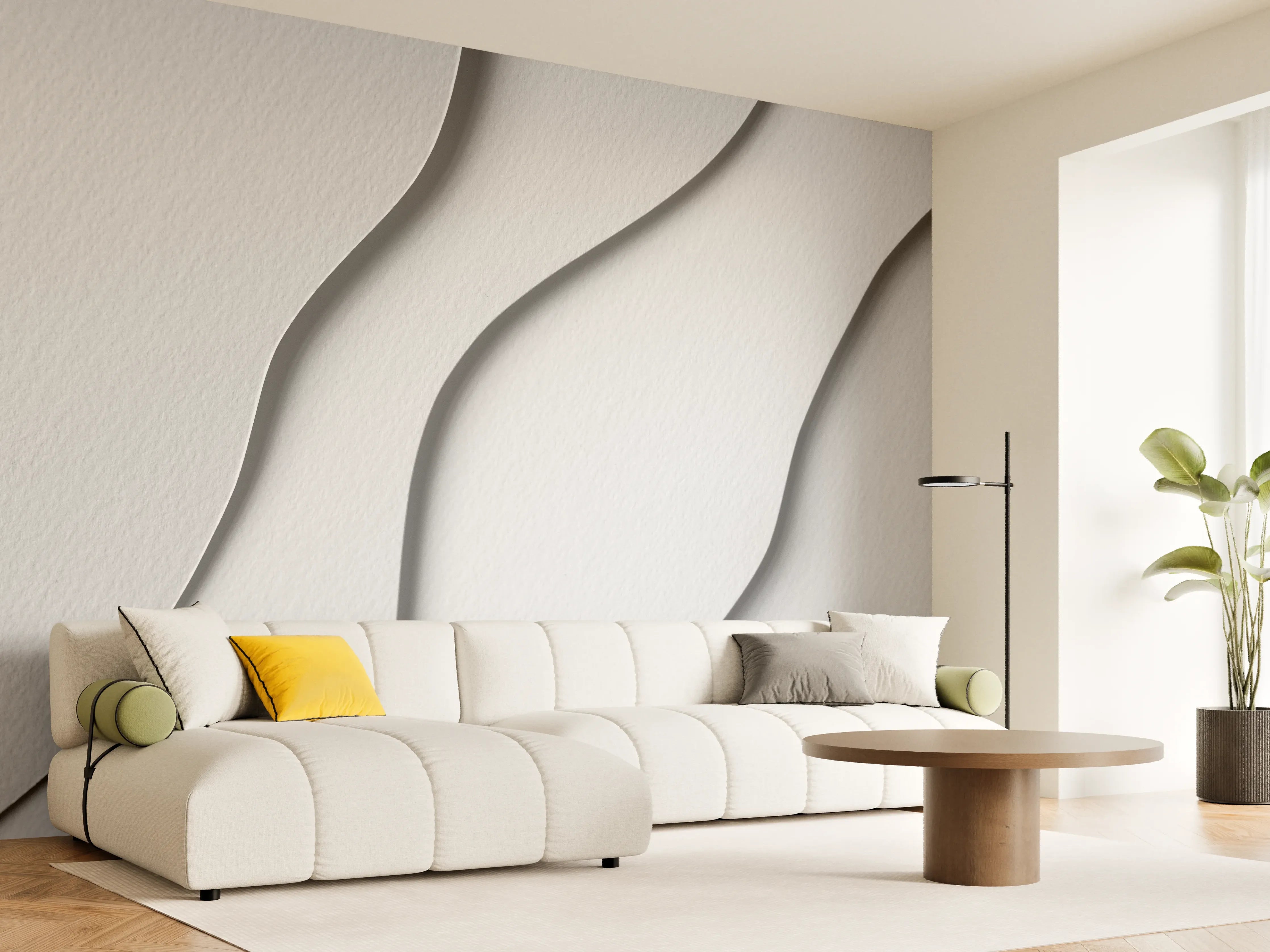 Wandverkleidung Wohnzimmer - Elegante weiße Wandgestaltung mit Wellenmuster
