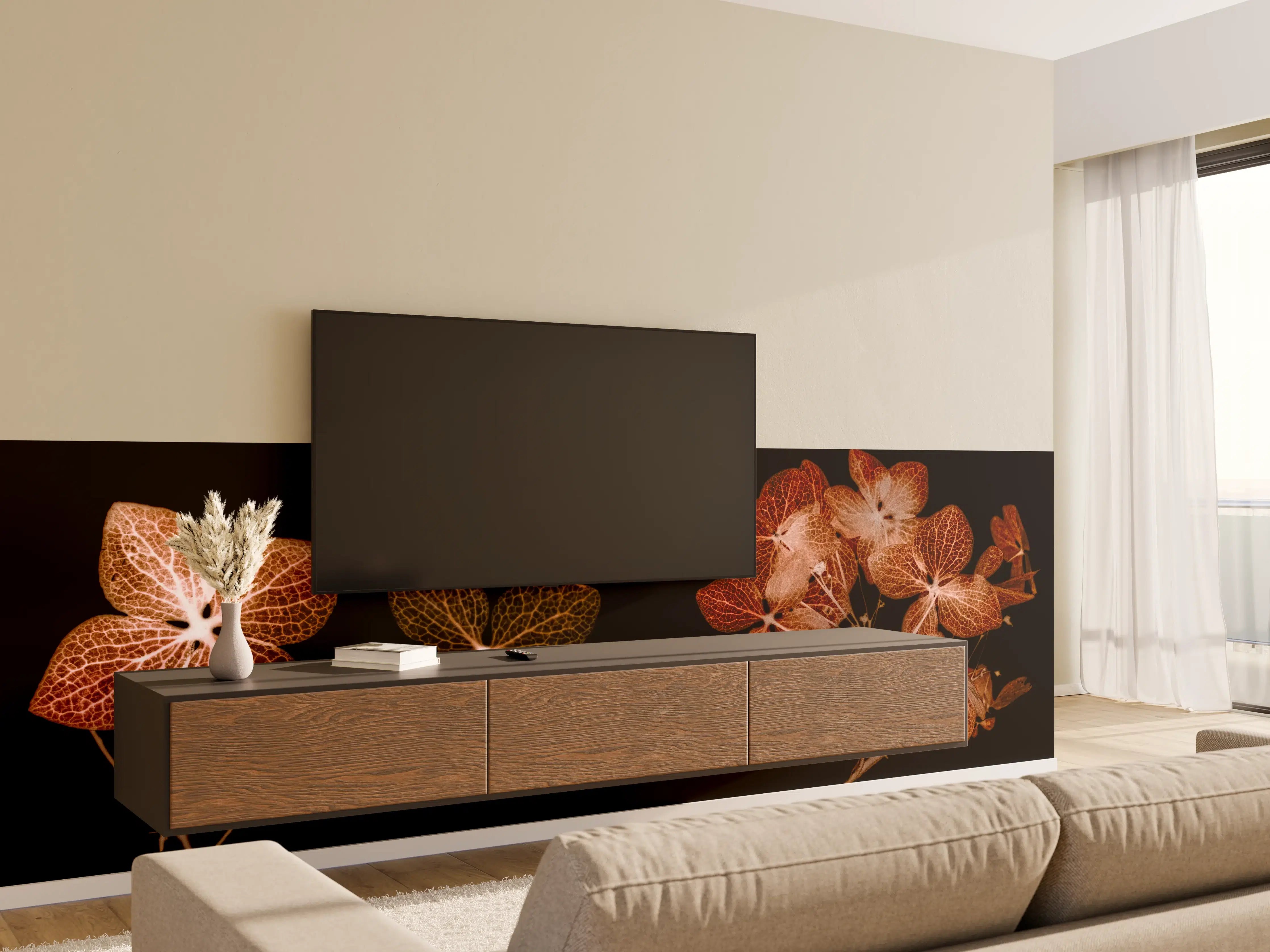 Wandverkleidung Wohnzimmer - Elegante, auf Dunkel subtil inszenierte Blätter-Illustration
