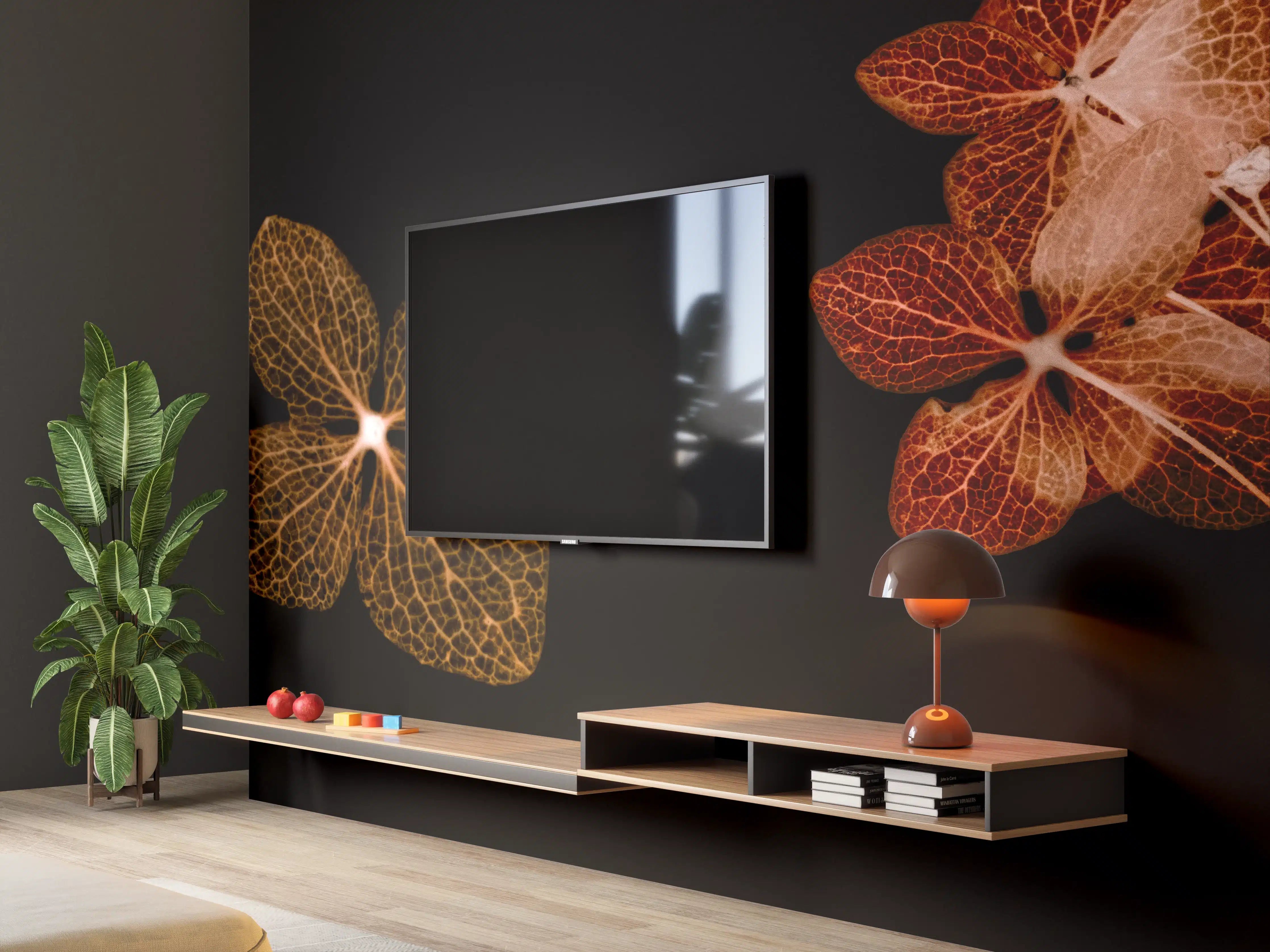 Wandverkleidung Wohnzimmer - Elegante, auf Dunkel subtil inszenierte Blätter-Illustration