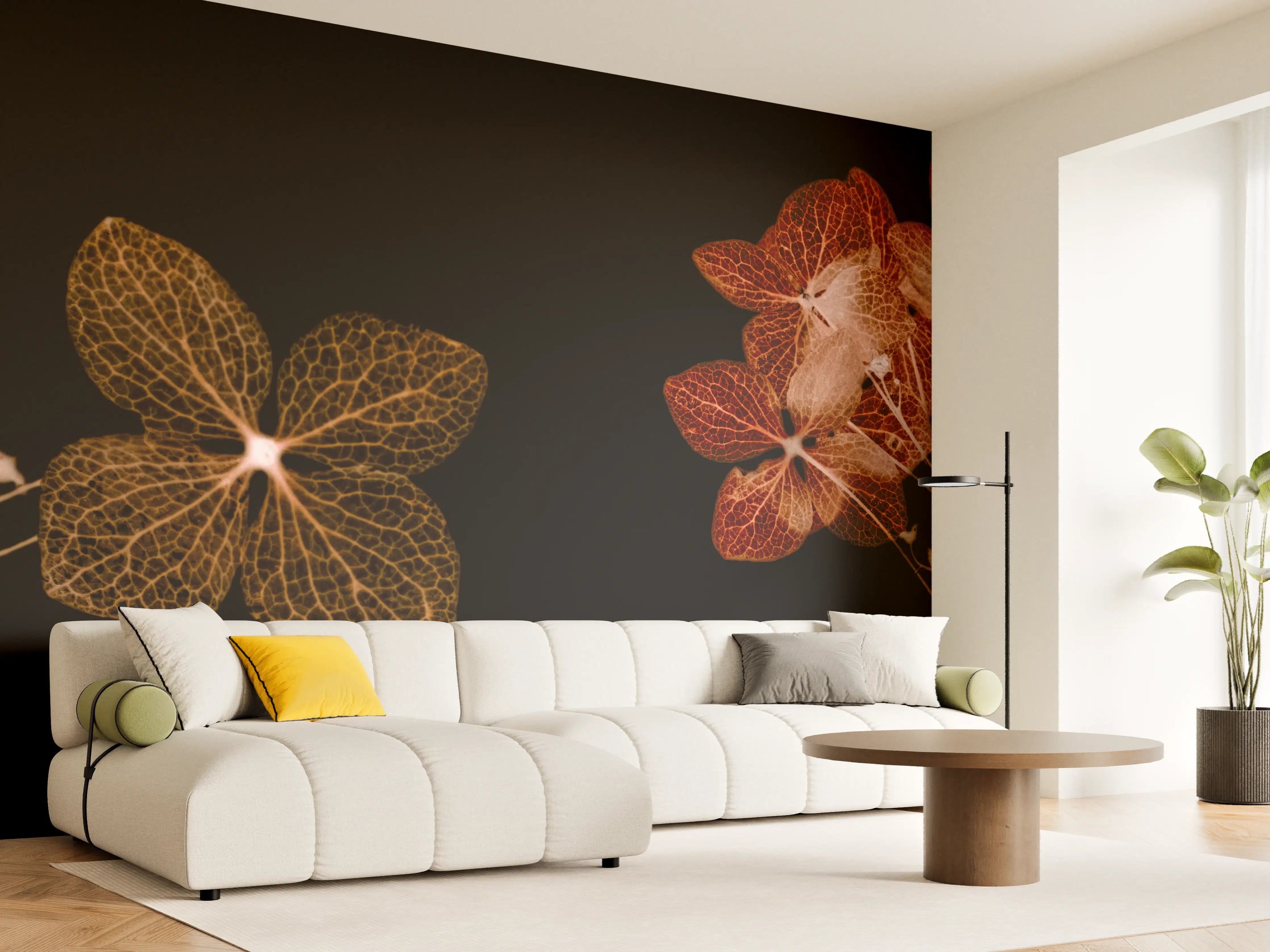 Wandverkleidung Wohnzimmer - Elegante, auf Dunkel subtil inszenierte Blätter-Illustration
