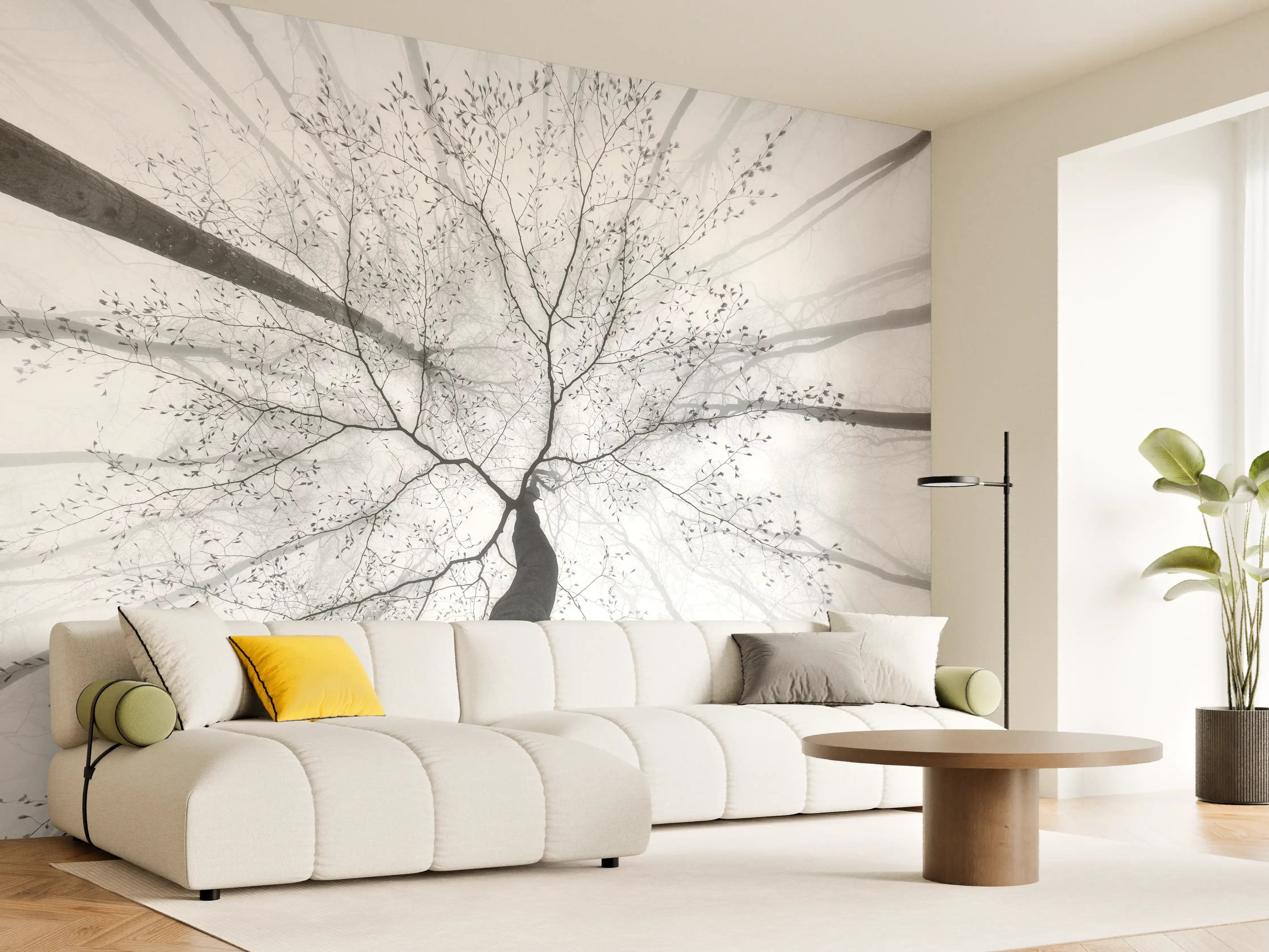 Wandverkleidung Wohnzimmer - Eleganter Baum in Nebelwald