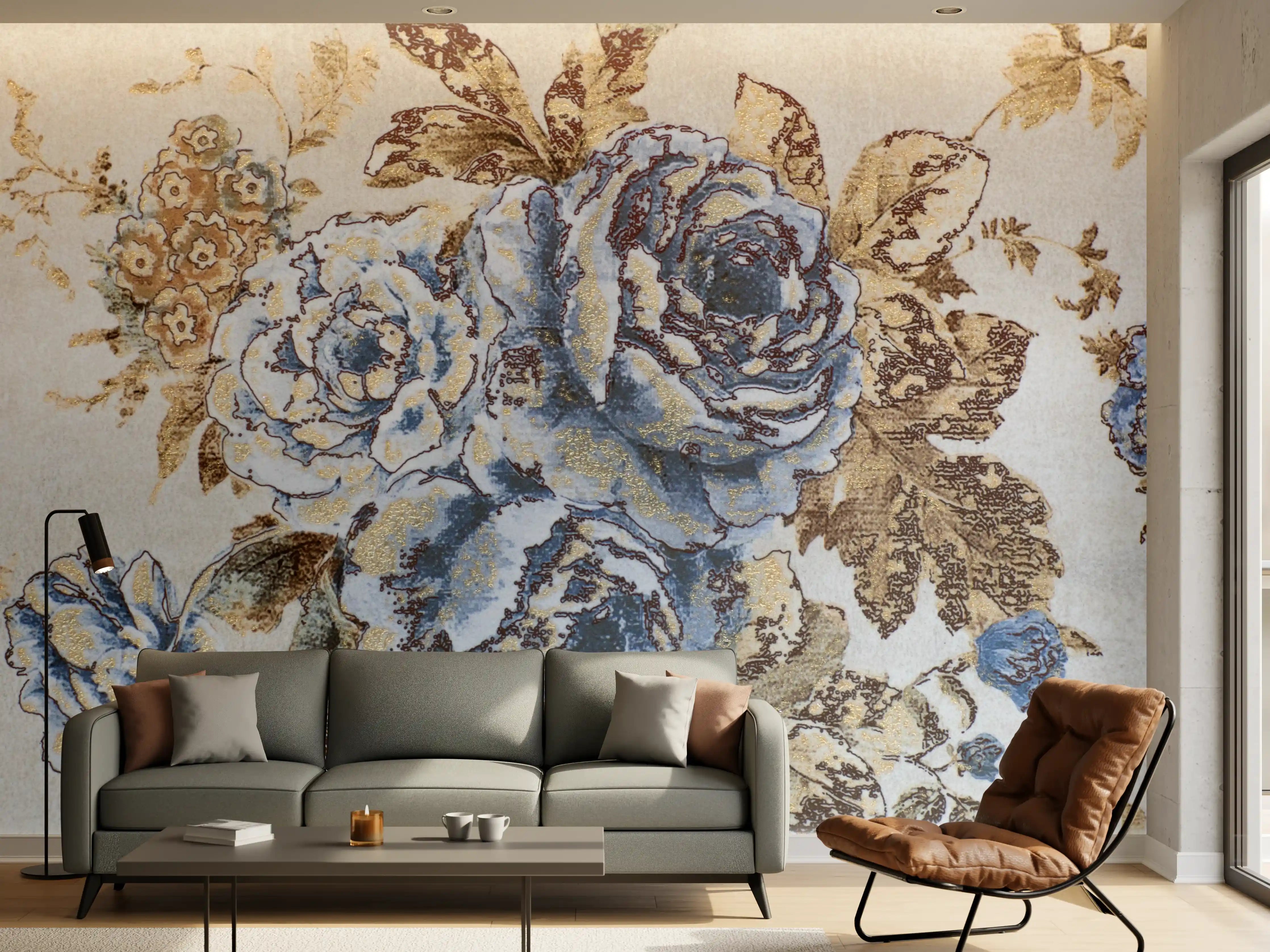 Wandverkleidung Wohnzimmer - Eleganter Blumenteppich in Blau und Beige