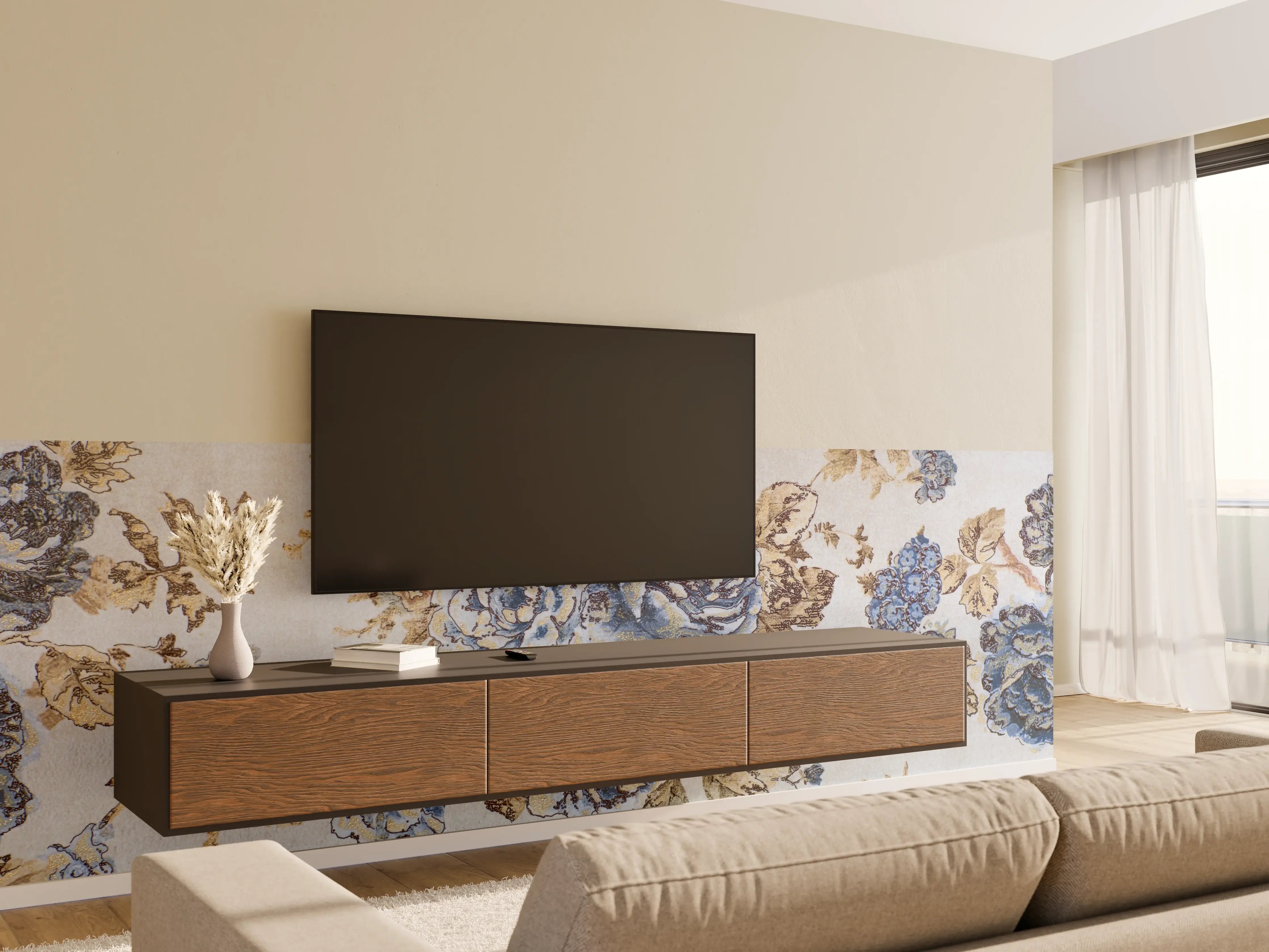 Wandverkleidung Wohnzimmer - Eleganter Blumenteppich in Blau und Beige