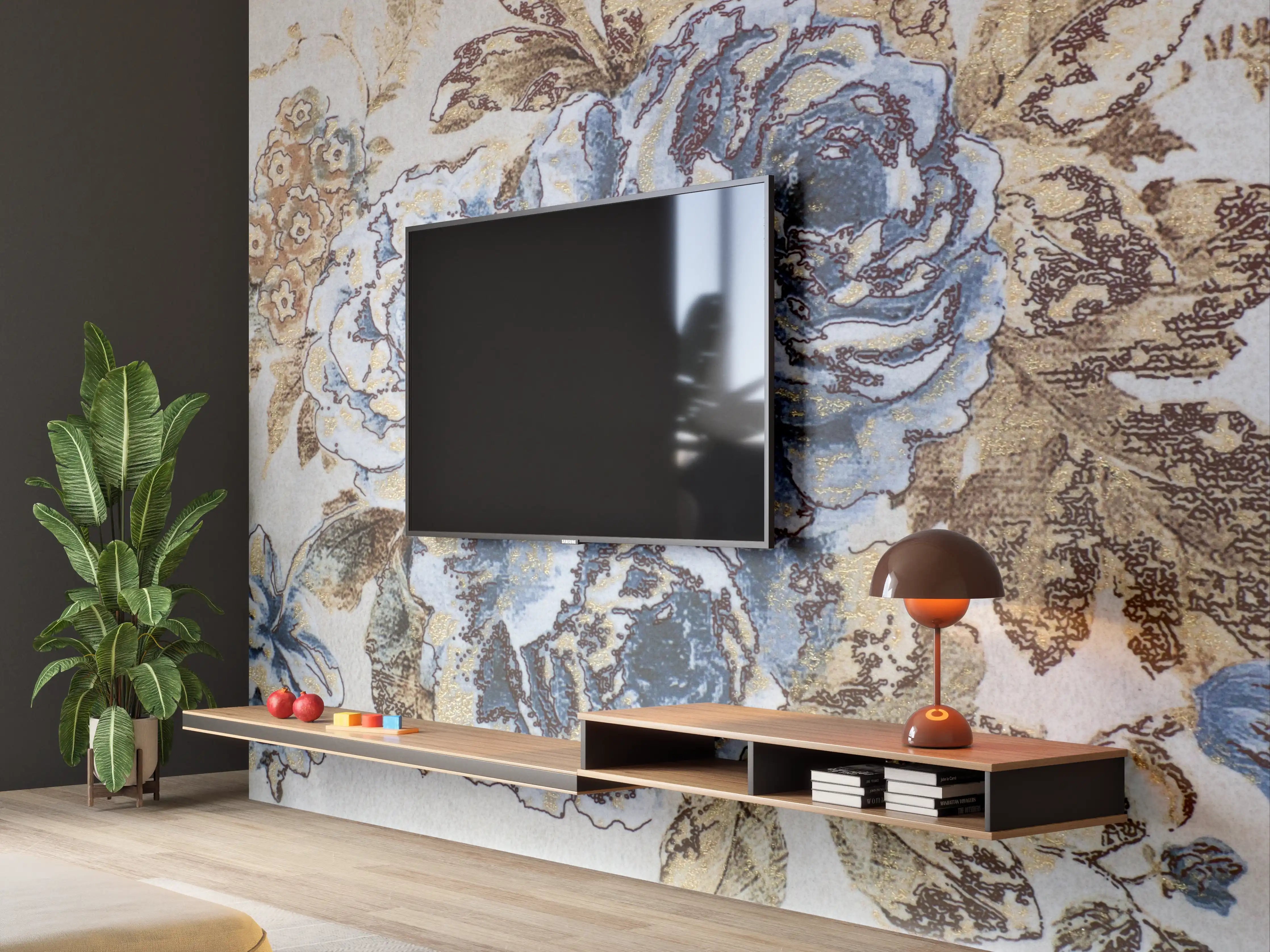 Wandverkleidung Wohnzimmer - Eleganter Blumenteppich in Blau und Beige