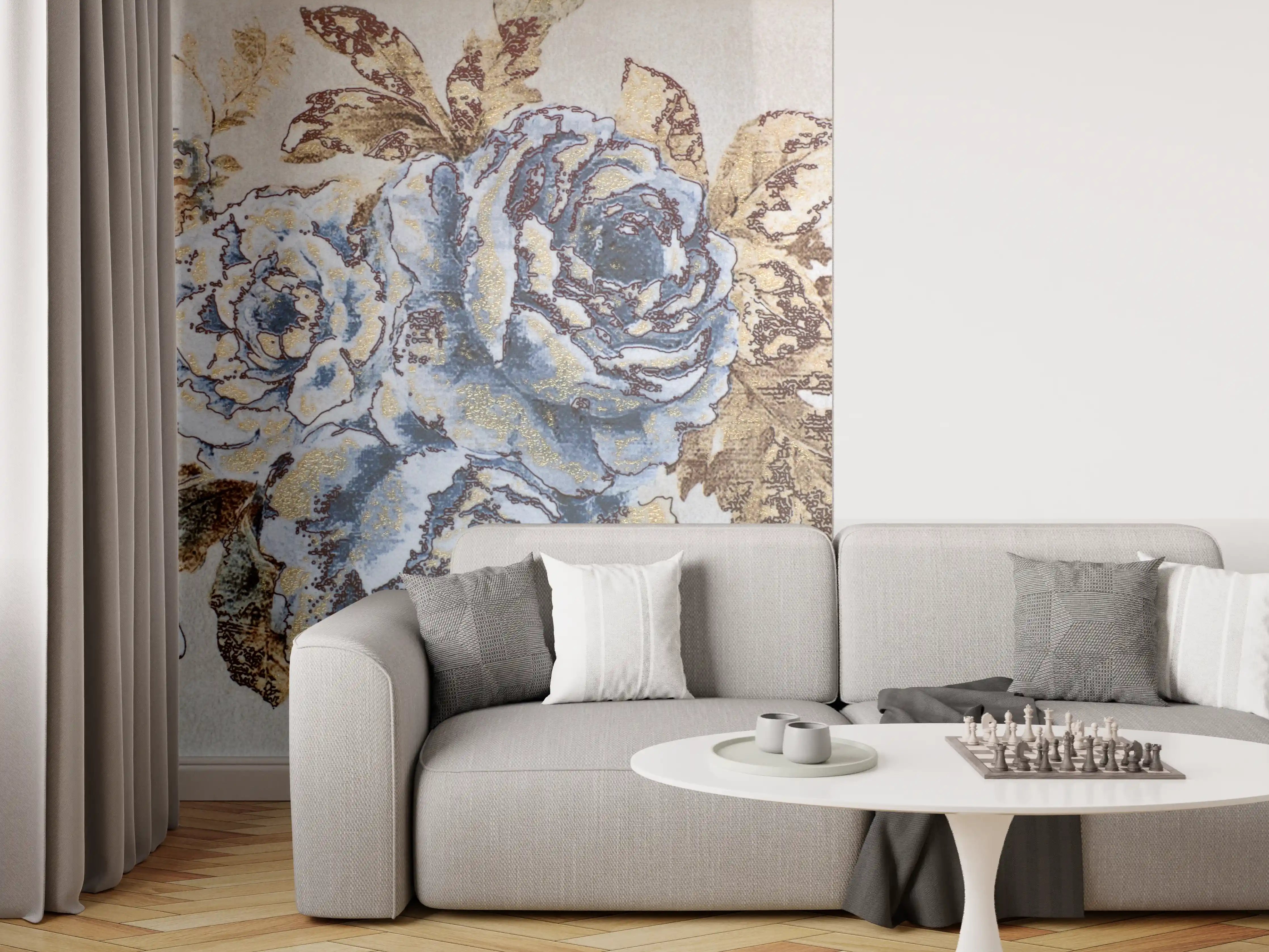 Wandverkleidung Wohnzimmer - Eleganter Blumenteppich in Blau und Beige