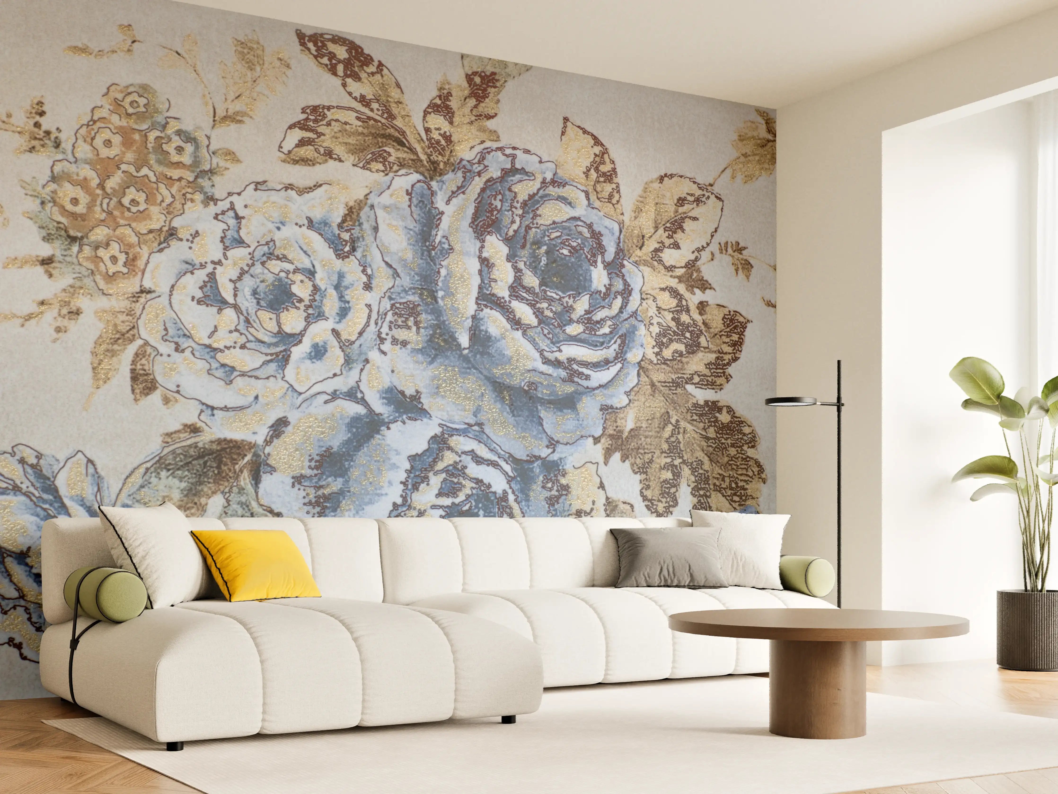 Wandverkleidung Wohnzimmer - Eleganter Blumenteppich in Blau und Beige