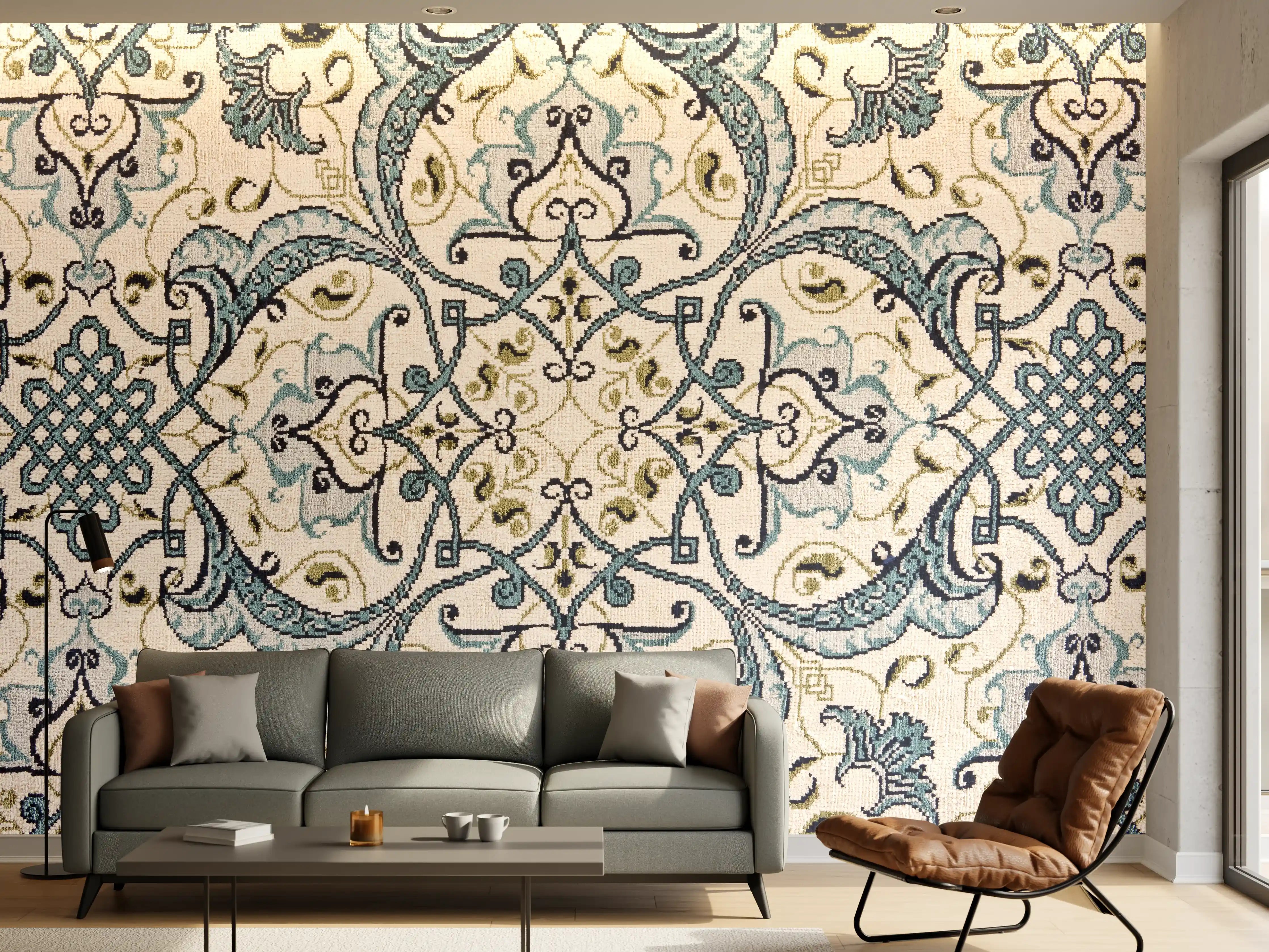 Wandverkleidung Wohnzimmer - Eleganter Fliesenmuster mit blauen Akzenten