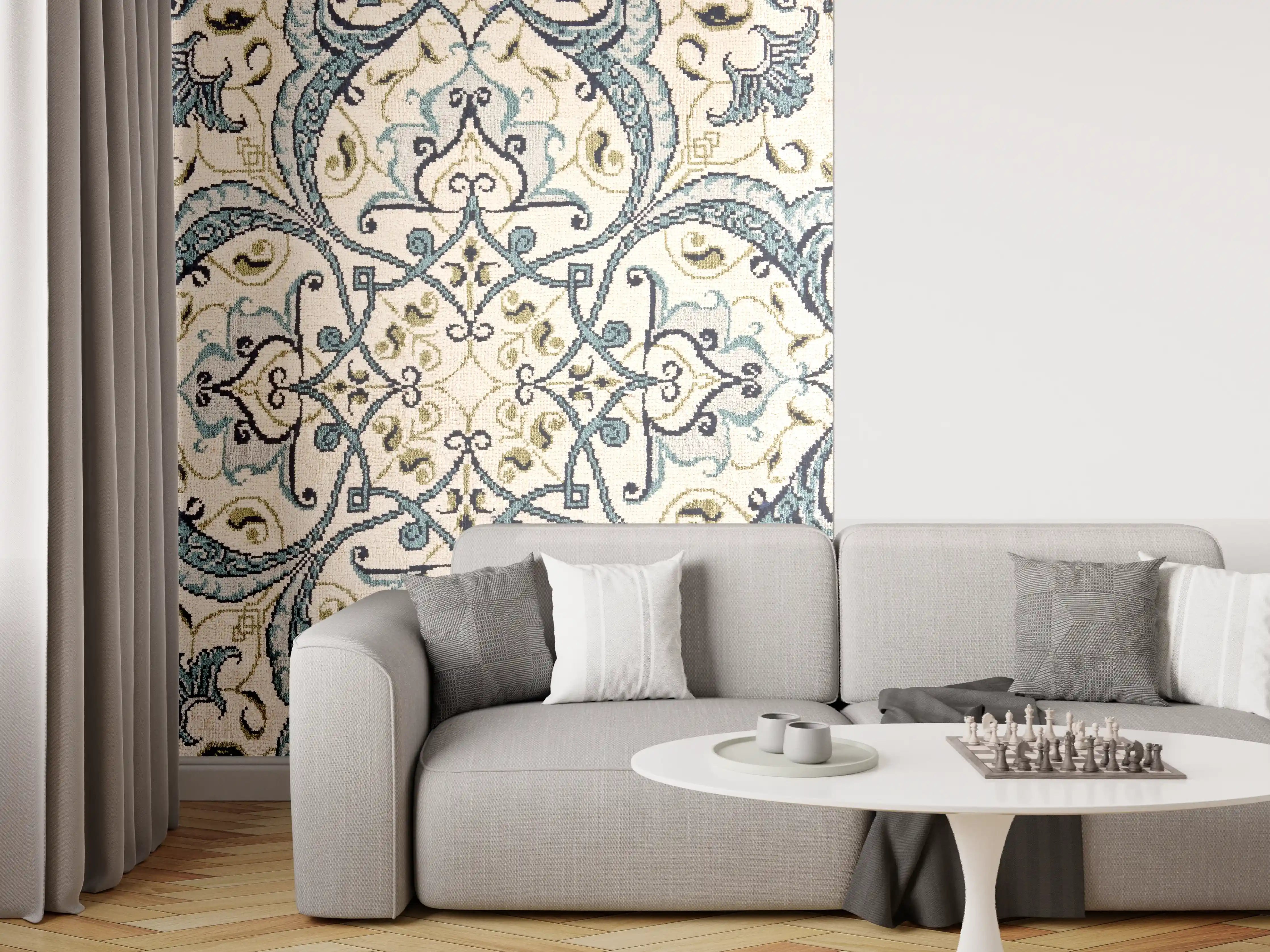 Wandverkleidung Wohnzimmer - Eleganter Fliesenmuster mit blauen Akzenten