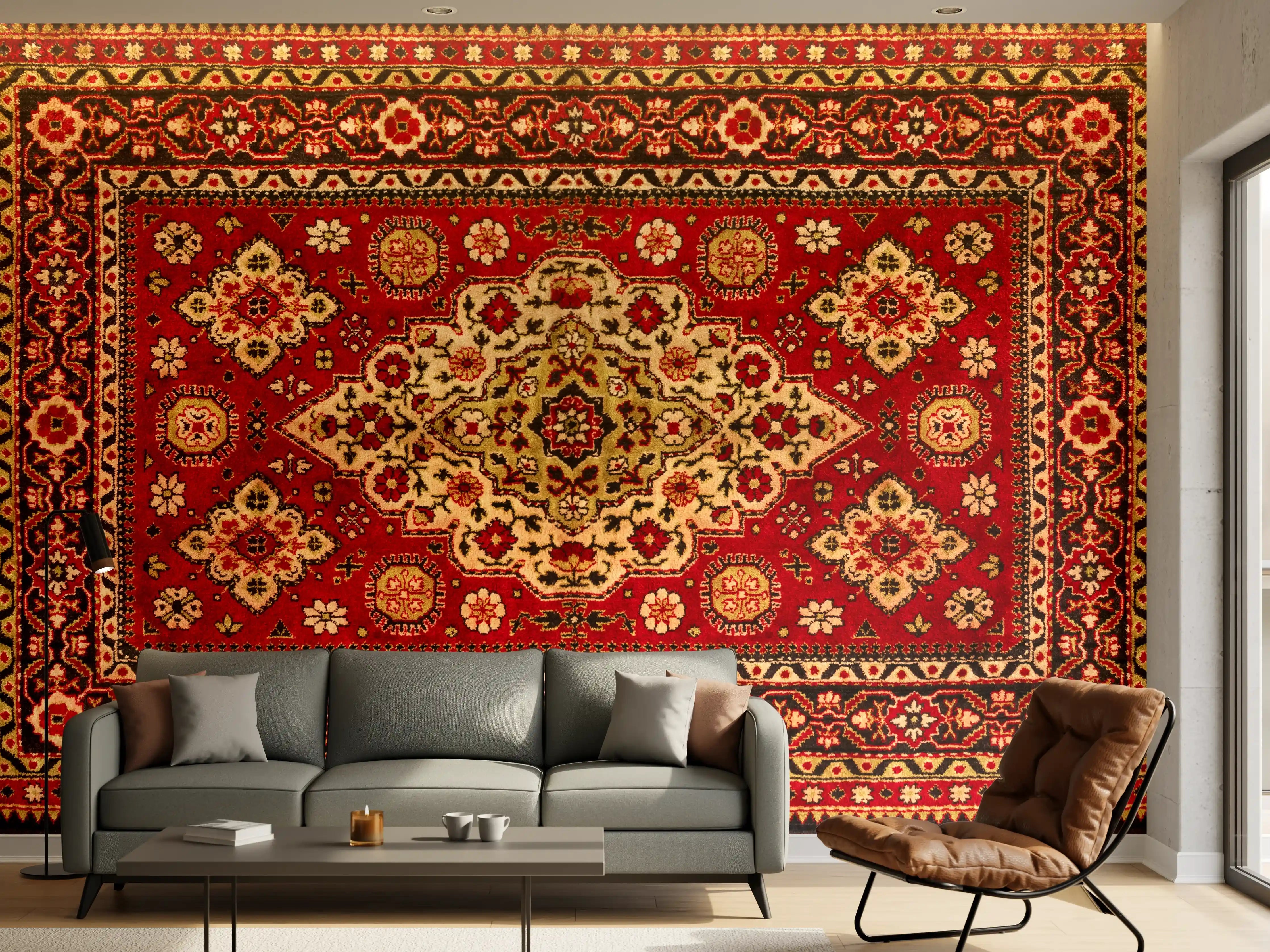 Wandverkleidung Wohnzimmer - Eleganter Orientteppich in Rot und Gold