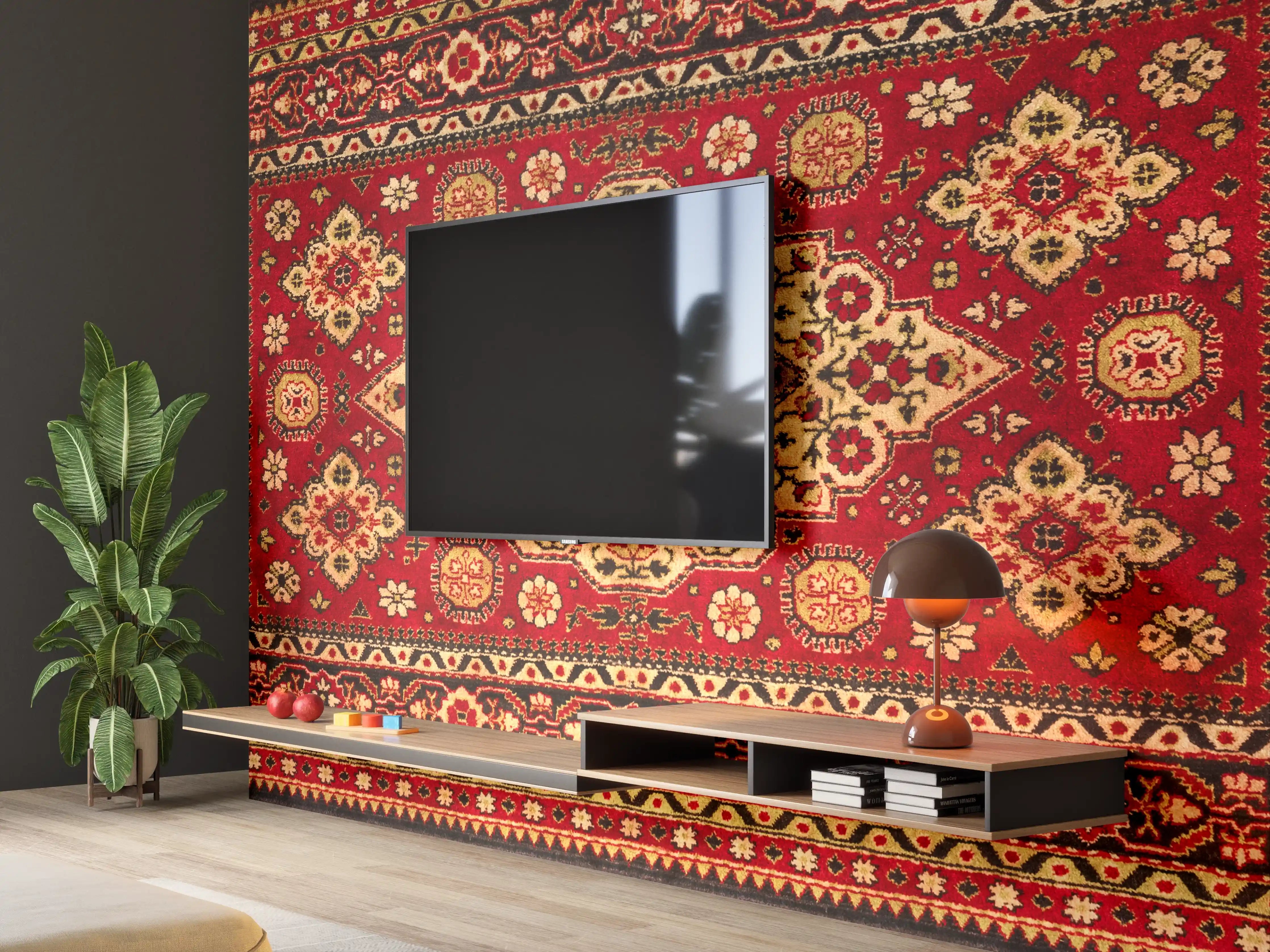 Wandverkleidung Wohnzimmer - Eleganter Orientteppich in Rot und Gold