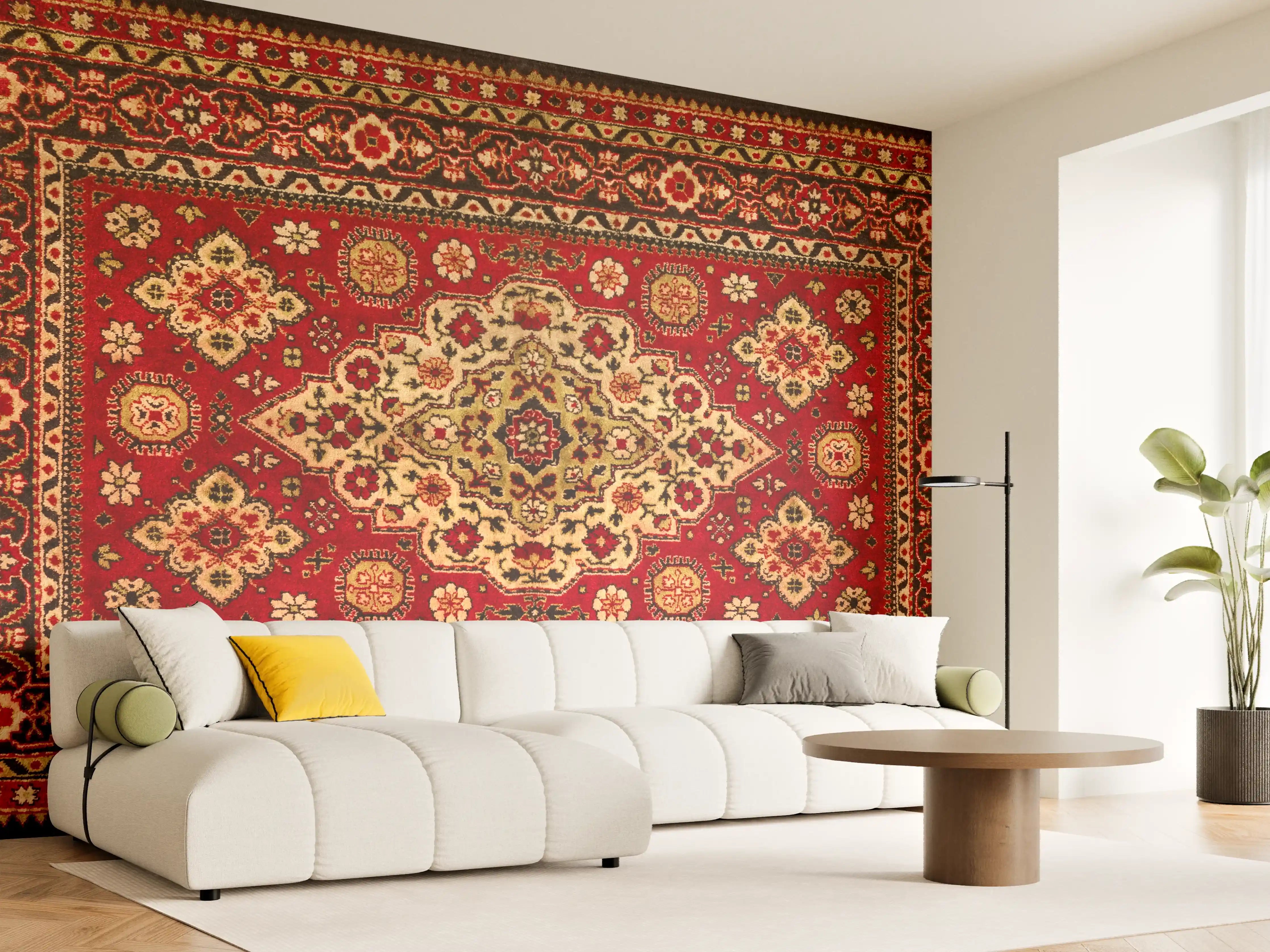 Wandverkleidung Wohnzimmer - Eleganter Orientteppich in Rot und Gold