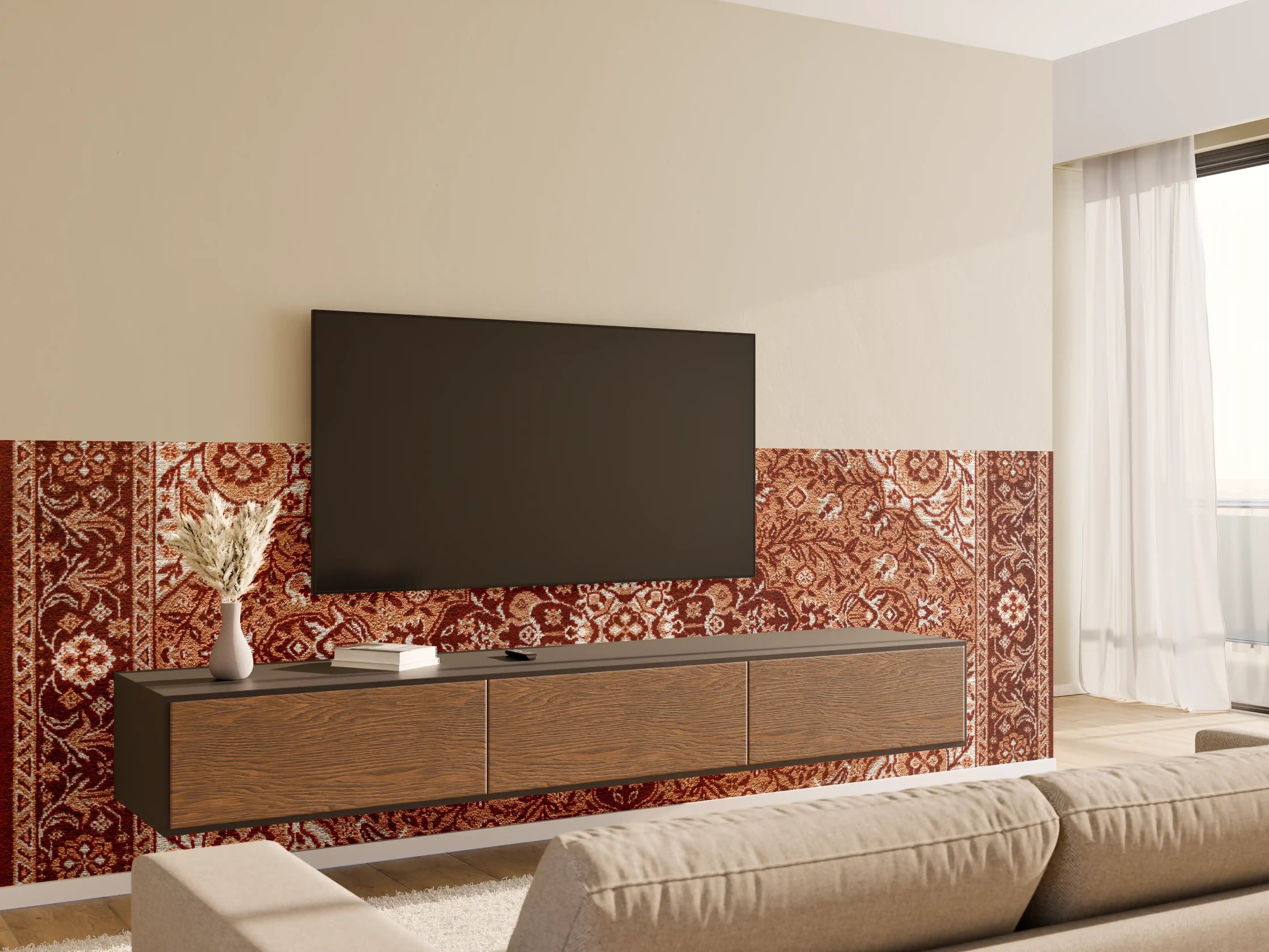Wandverkleidung Wohnzimmer - Eleganter Perserteppich in warmen Tönen