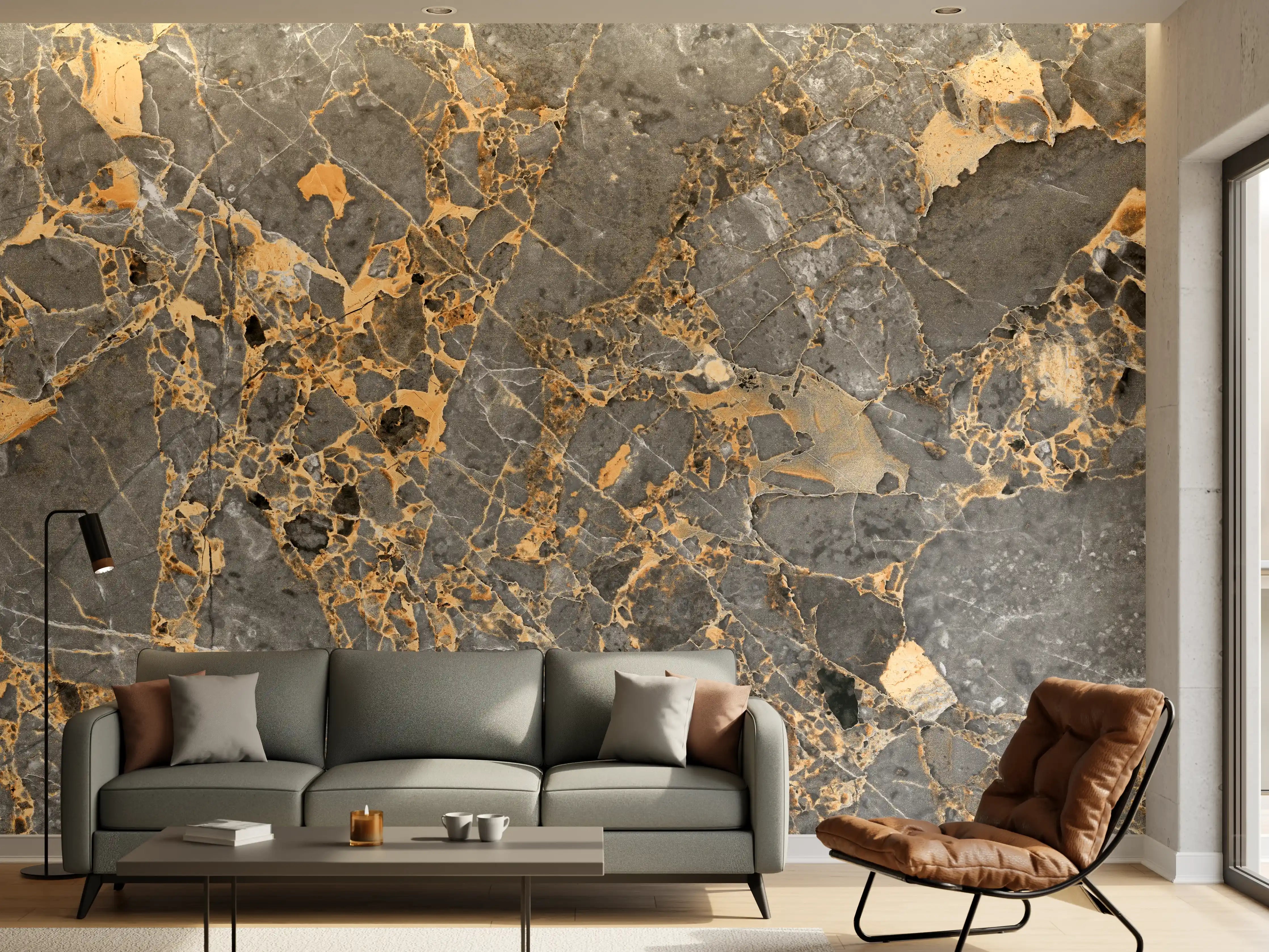 Wandverkleidung Wohnzimmer - Eleganter dunkler Naturstein mit Goldadern