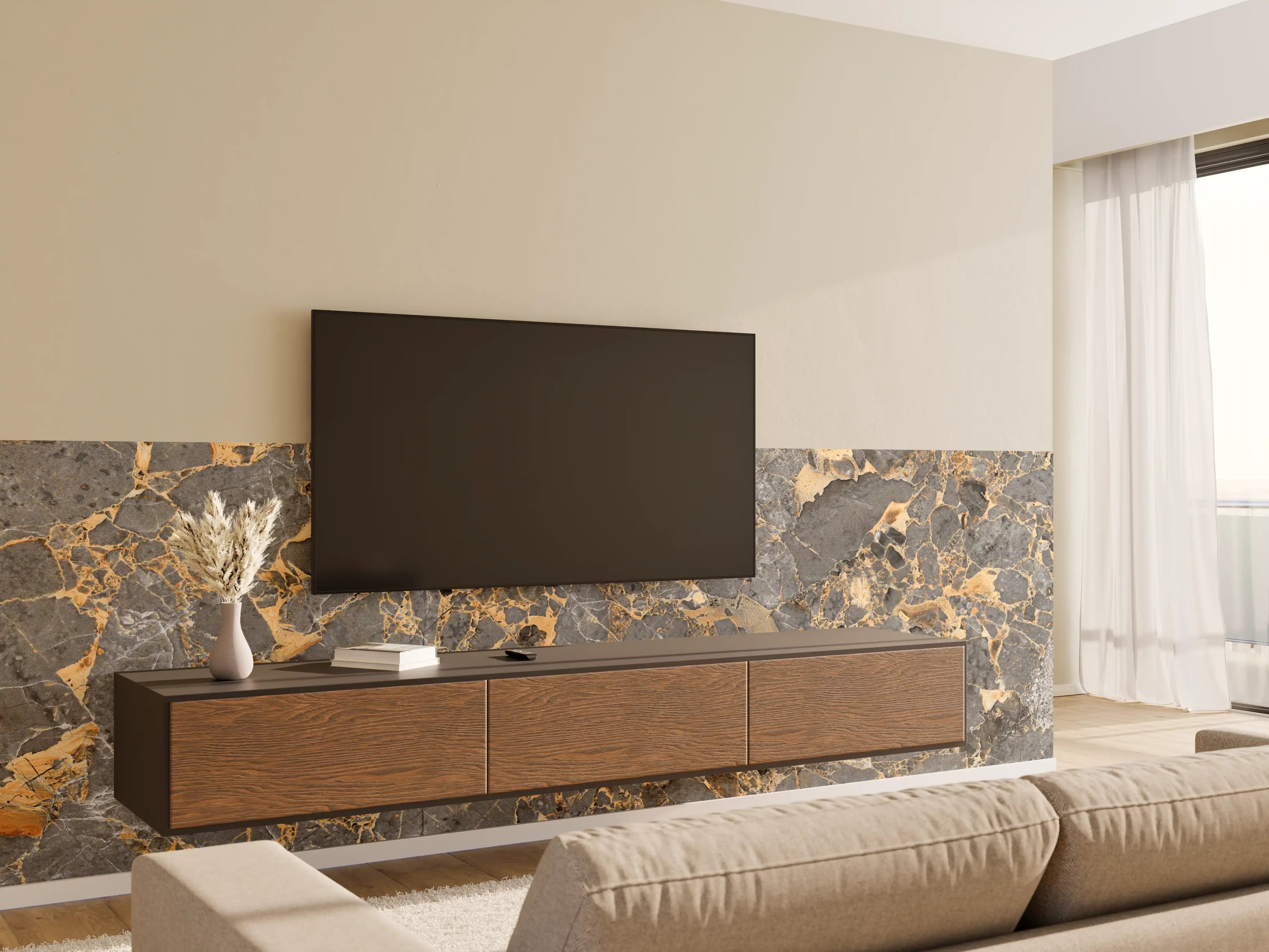 Wandverkleidung Wohnzimmer - Eleganter dunkler Naturstein mit Goldadern