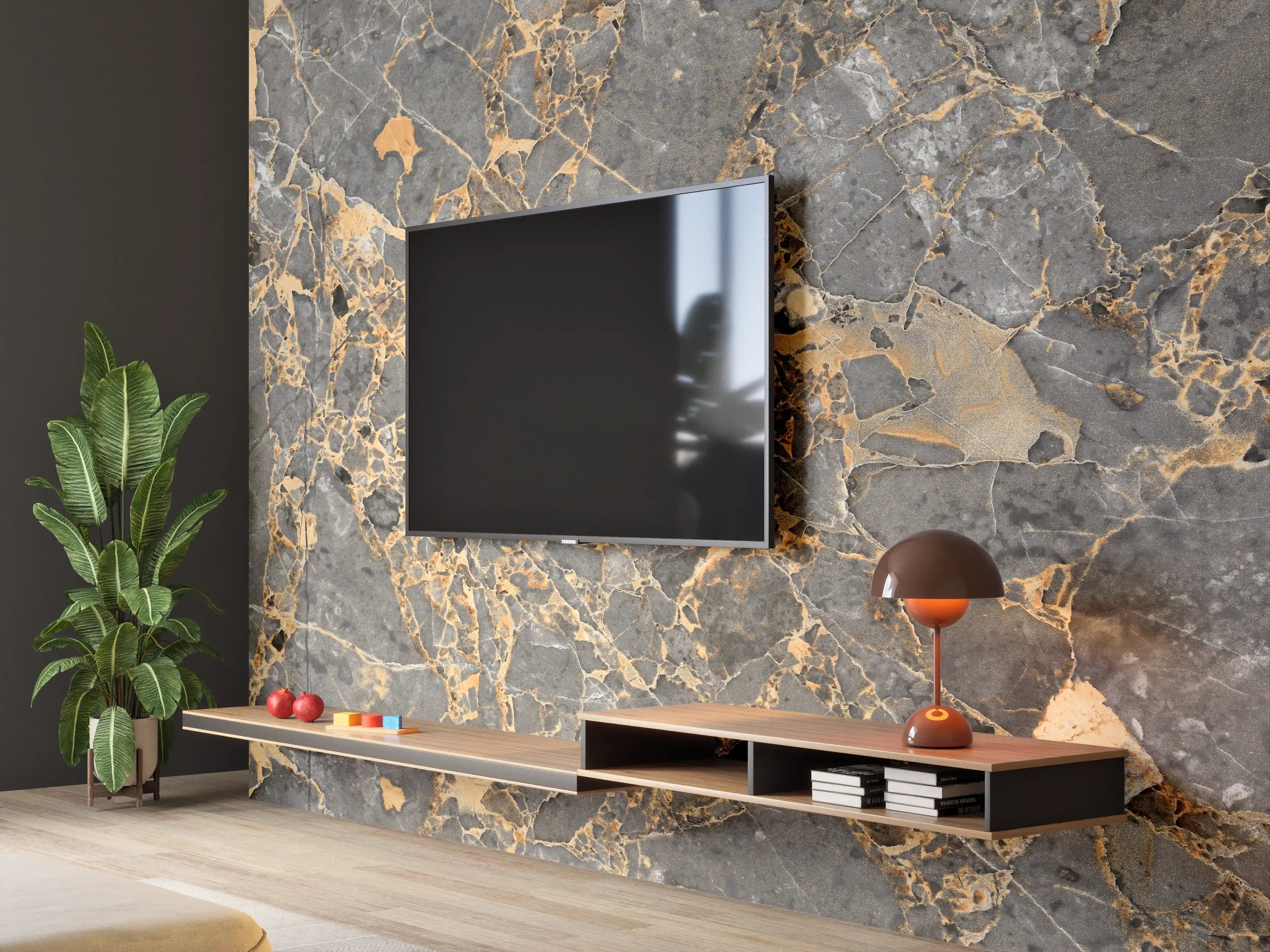 Wandverkleidung Wohnzimmer - Eleganter dunkler Naturstein mit Goldadern