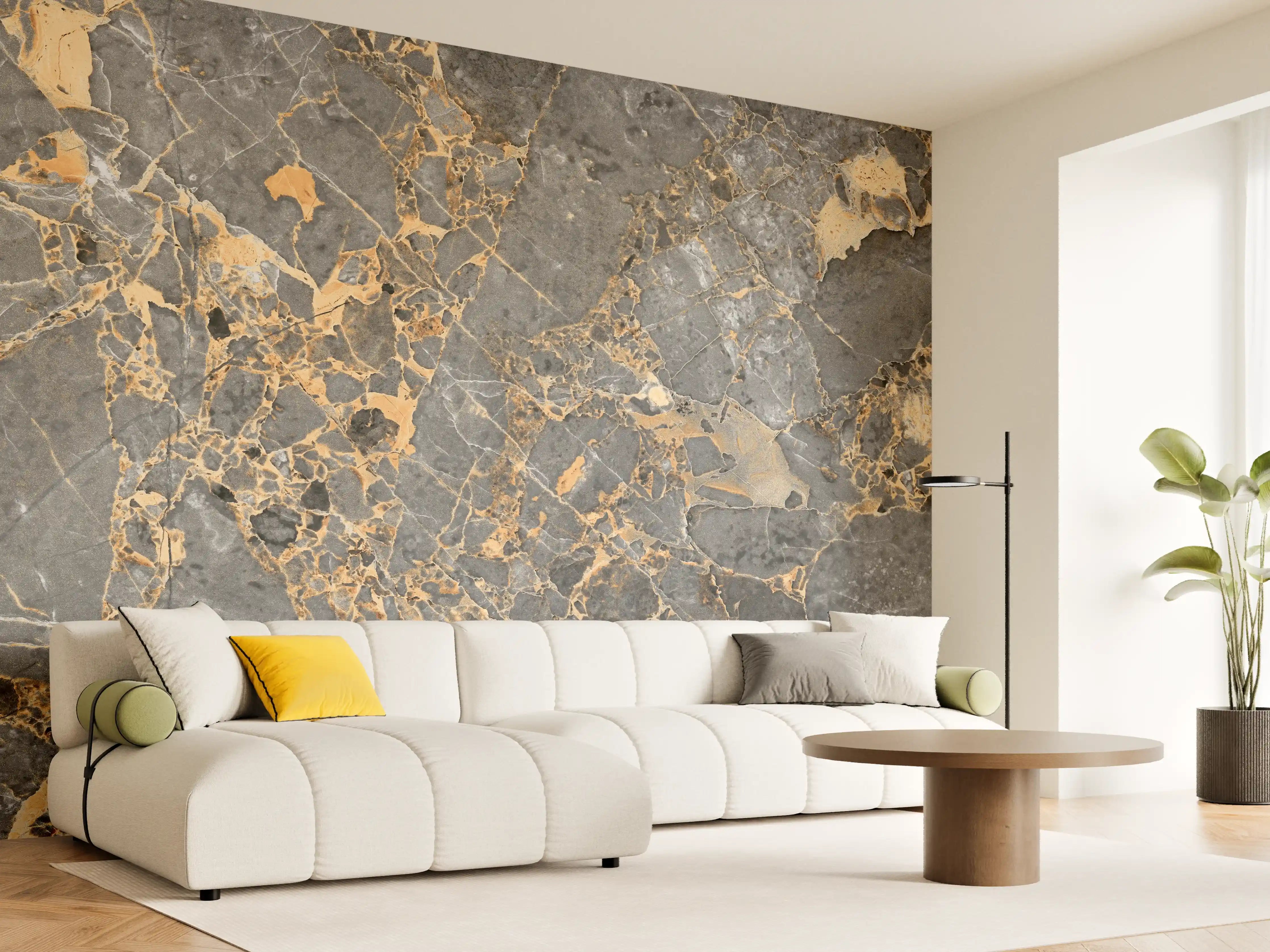 Wandverkleidung Wohnzimmer - Eleganter dunkler Naturstein mit Goldadern