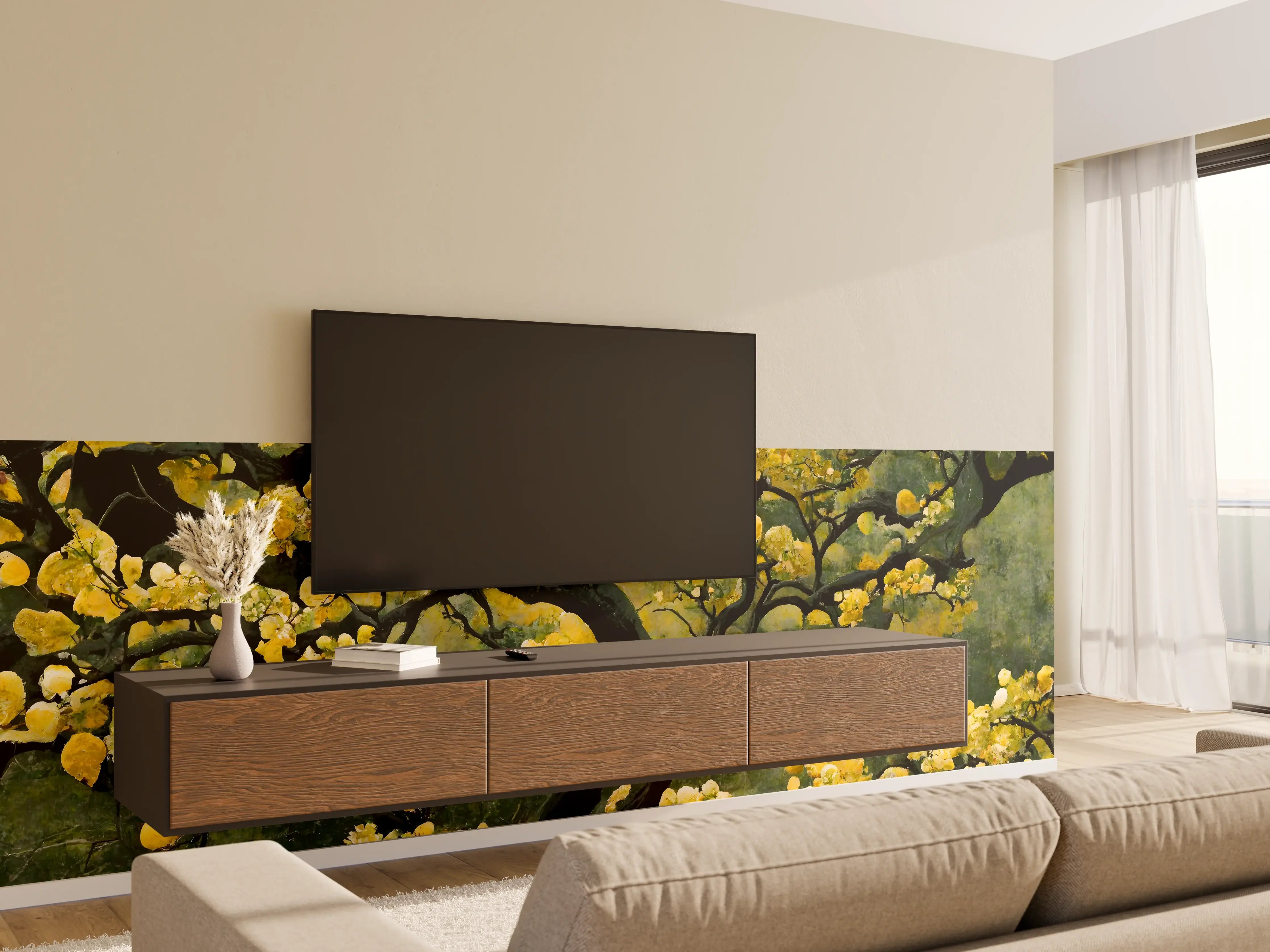Wandverkleidung Wohnzimmer - Eleganter goldener Blütenbaum in der Natur