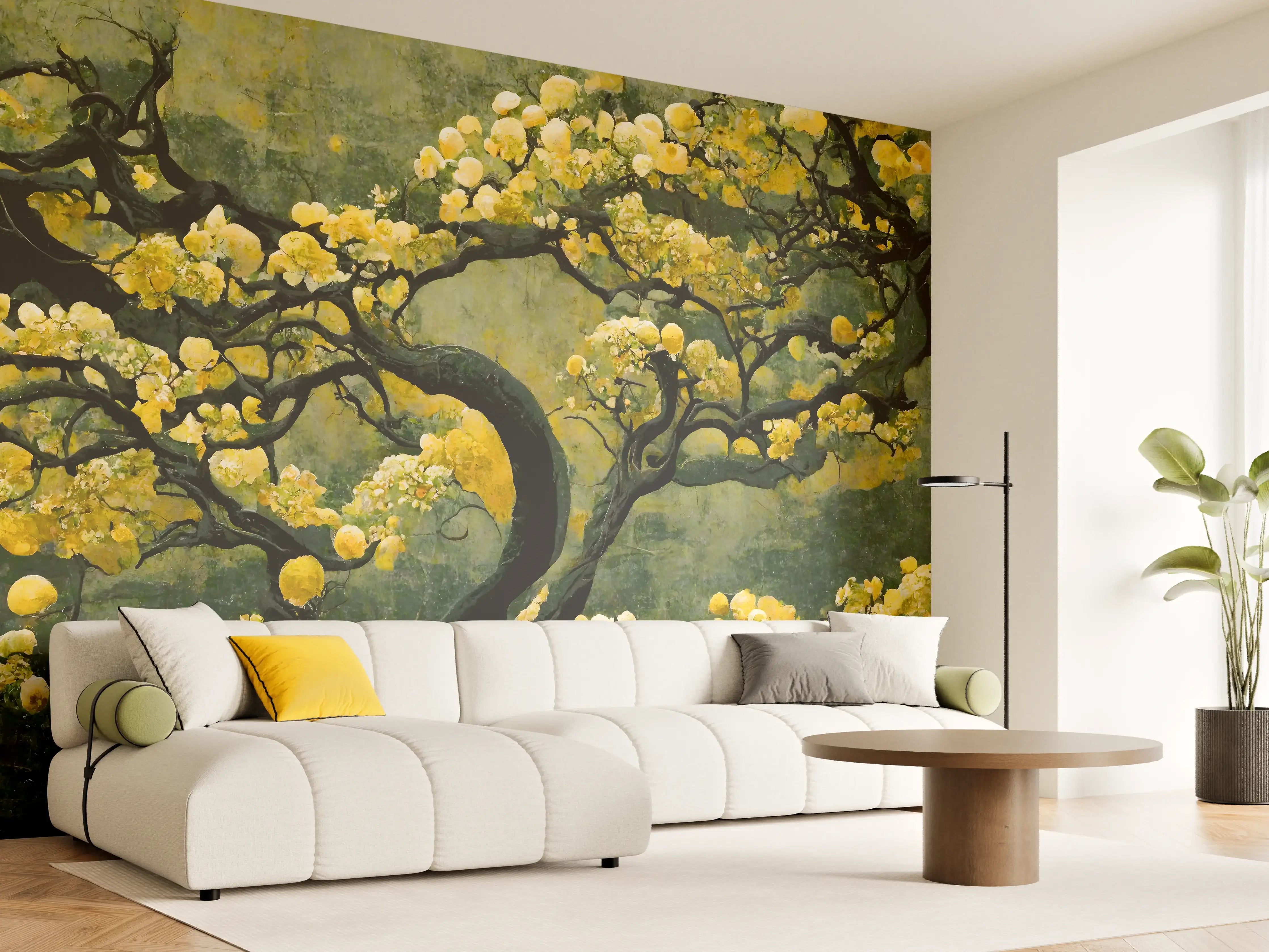 Wandverkleidung Wohnzimmer - Eleganter goldener Blütenbaum in der Natur